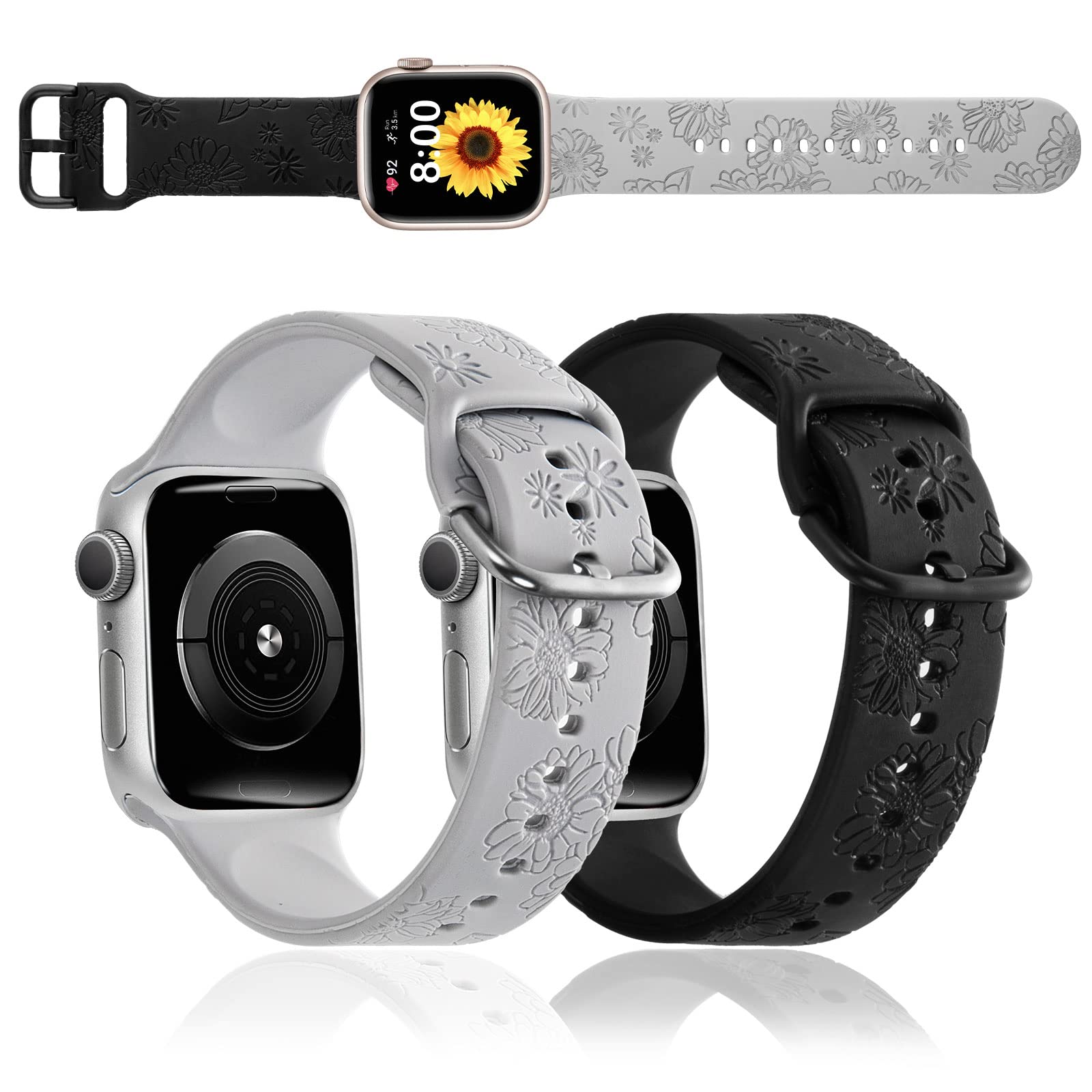 Photo 1 of **GREEN AND WHITE**fohuas Engraved Band Compatible apple watch 2 Packs 38mm 40mm 41mm 42mm 44mm 45mm Women Girl,Soft Silicone Carving Snowflake Sunflower Printed Wristband Strap for iphone Watch Series 7 6 5 4 3 2 1 GREEN AND WHITE