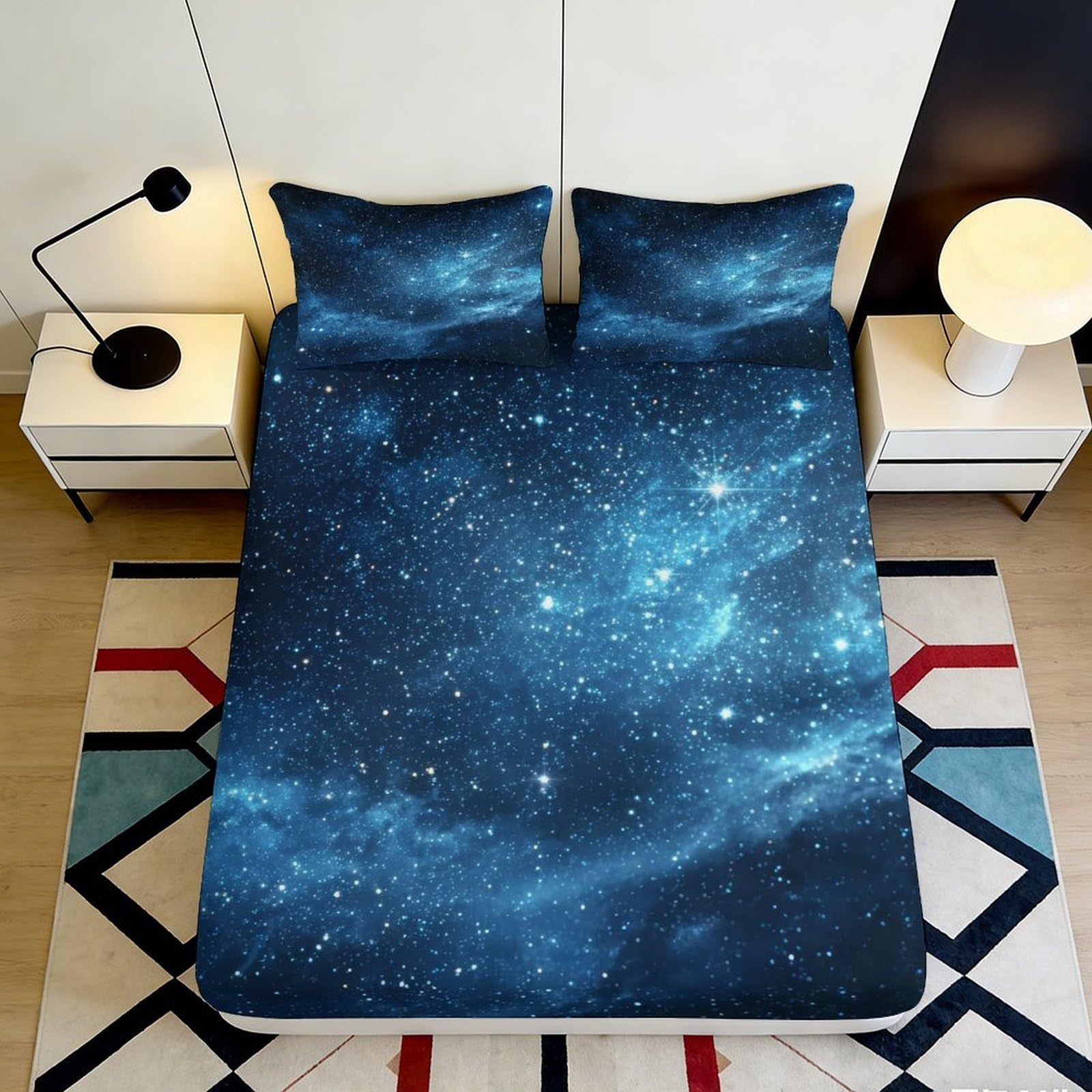 3D Printed Galaxy Starry Sky Fitted Sheet Microfiber Soft Blue Cosmic Nebula Mattress Cover Bedroom Decor 140x200x25cm