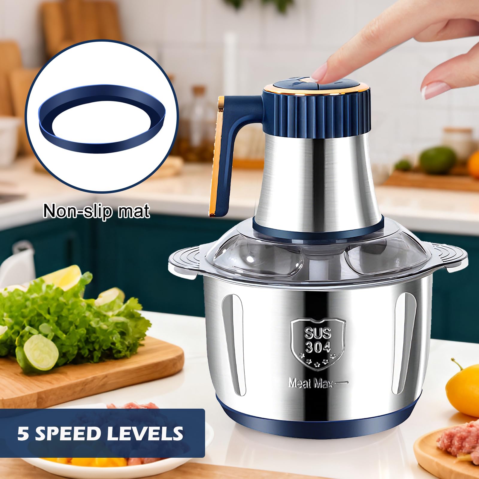 Hachoir Électrique 5L, Mixeur Hachoir 500W avec 5 Vitesses, Lames en Acier Inoxydable 6 Pales, Fouet et Spatule, pour Viande, Légumes