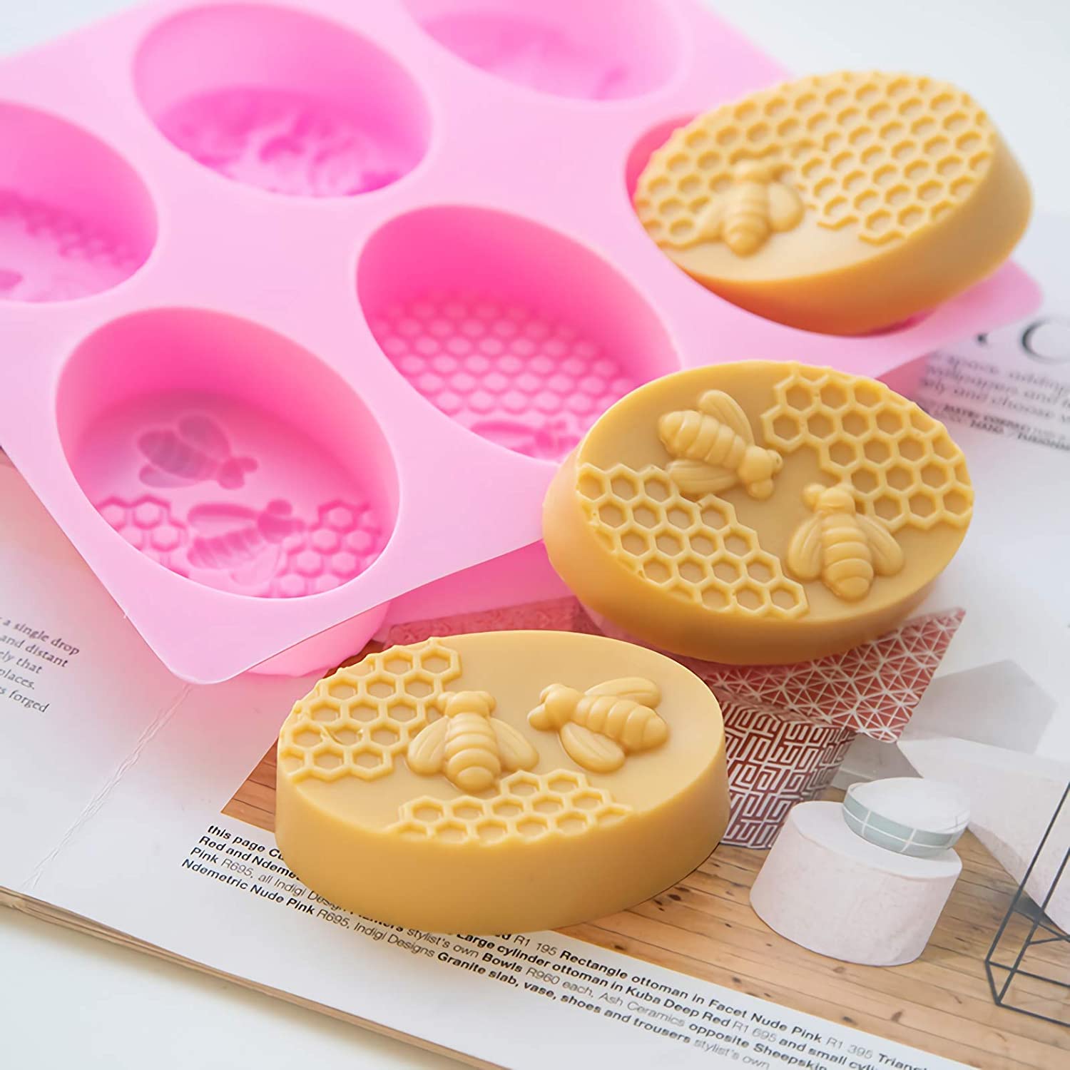 Zeinwap 3D Bee Silicone Molds, Honeycomb Mold for Soaps, Beehive Cake Baking Mold, Candle Mold Resin Mold for Homemade Craft (Oval, Random Color) 3