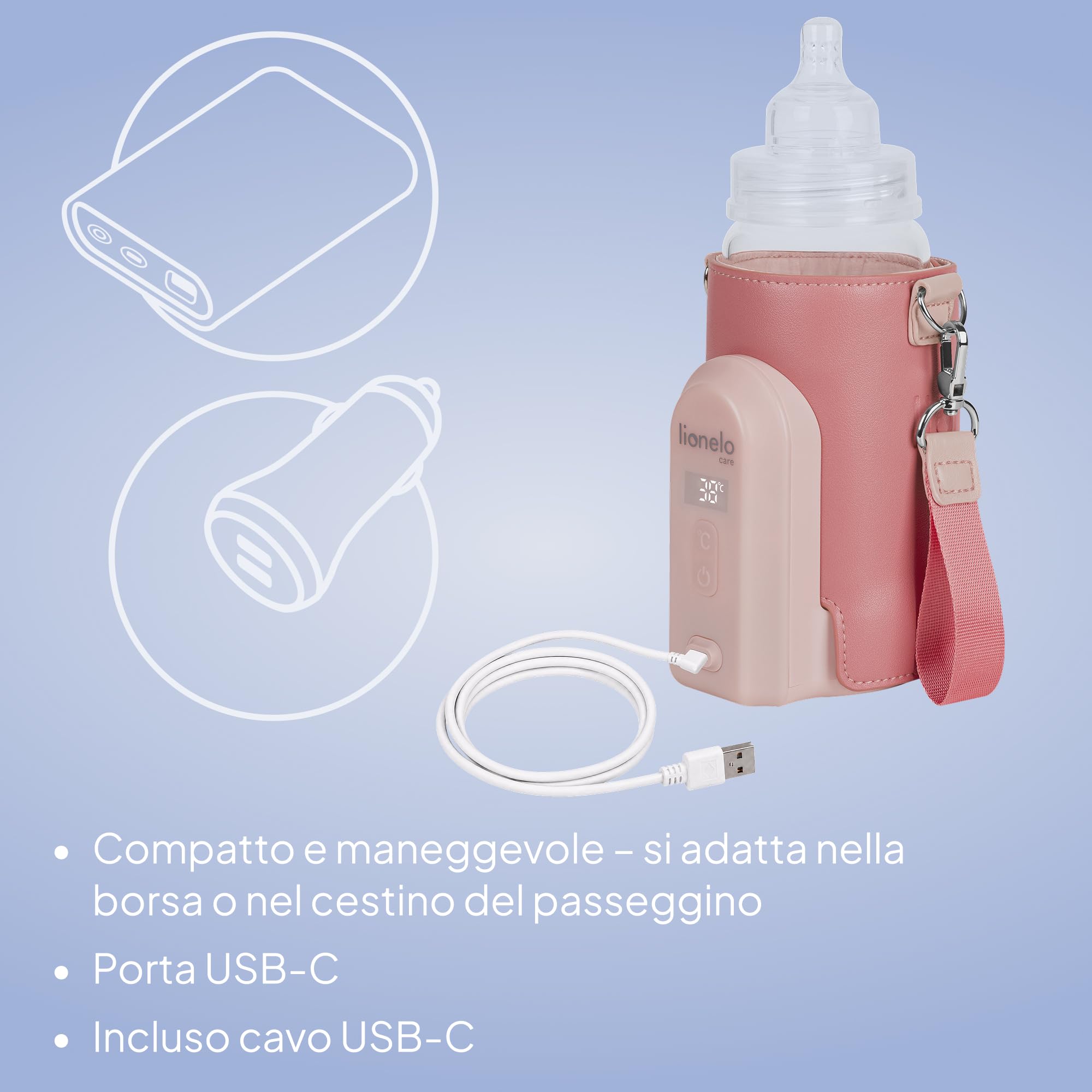 LIONELO Thermup Go Evo Scaldalatte Portatile per biberon per Neonati, Mantiene Liquidi caldi, 5 Temperature operative da 38 a 50°C Ricarica USB-C, Fino a 9 Ore di Funzionamento