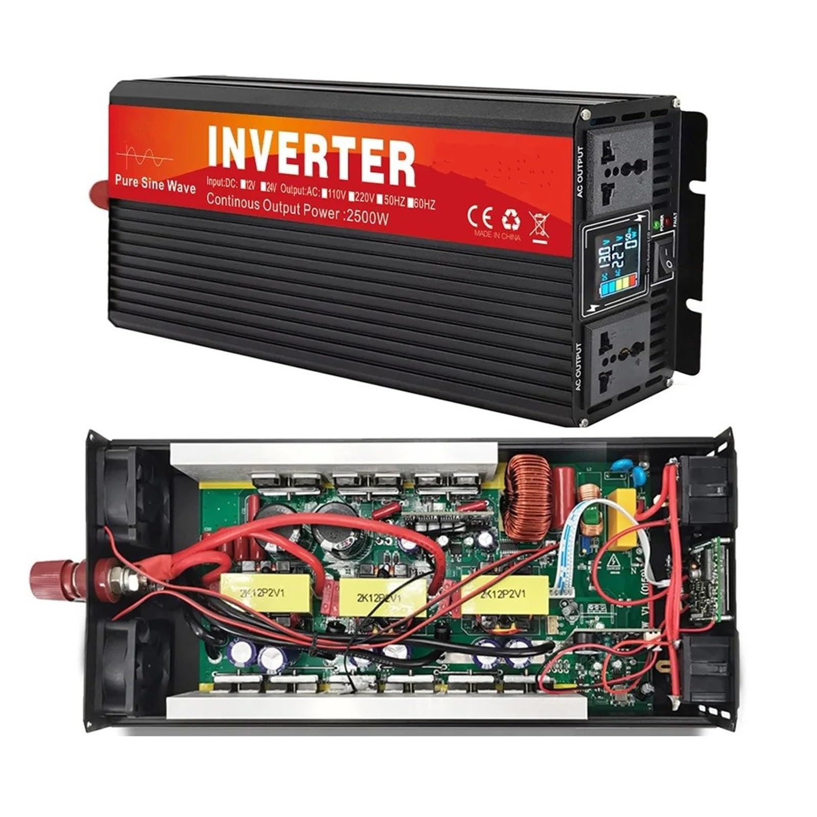 POWERinvert Onduleur Voiture 3000 W À Onde Sinusoïdale Double Prise Écran LCD Convertisseur Tension CC 12 V 24 V vers CA 220 V(12V,110V 60HZ,Universal)