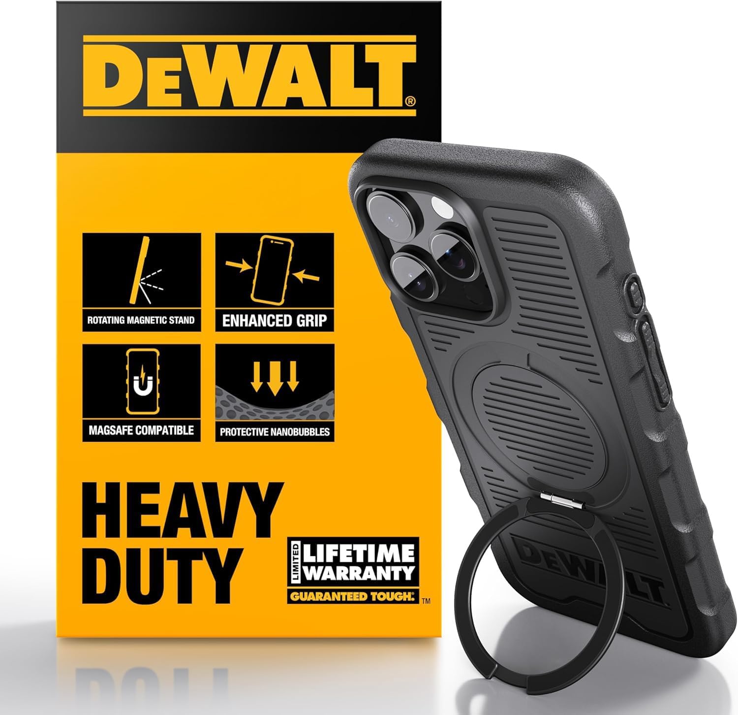 DEWALT 360° Rotatable Magnetic Ring for iPhone 16 Pro Case, Heavy Duty Drop Protection Fit for MagSafe w/Stand & Ring Holder, Shockproof Nanobubbles for iPhone 16 Pro Phone Case Ostand, Black