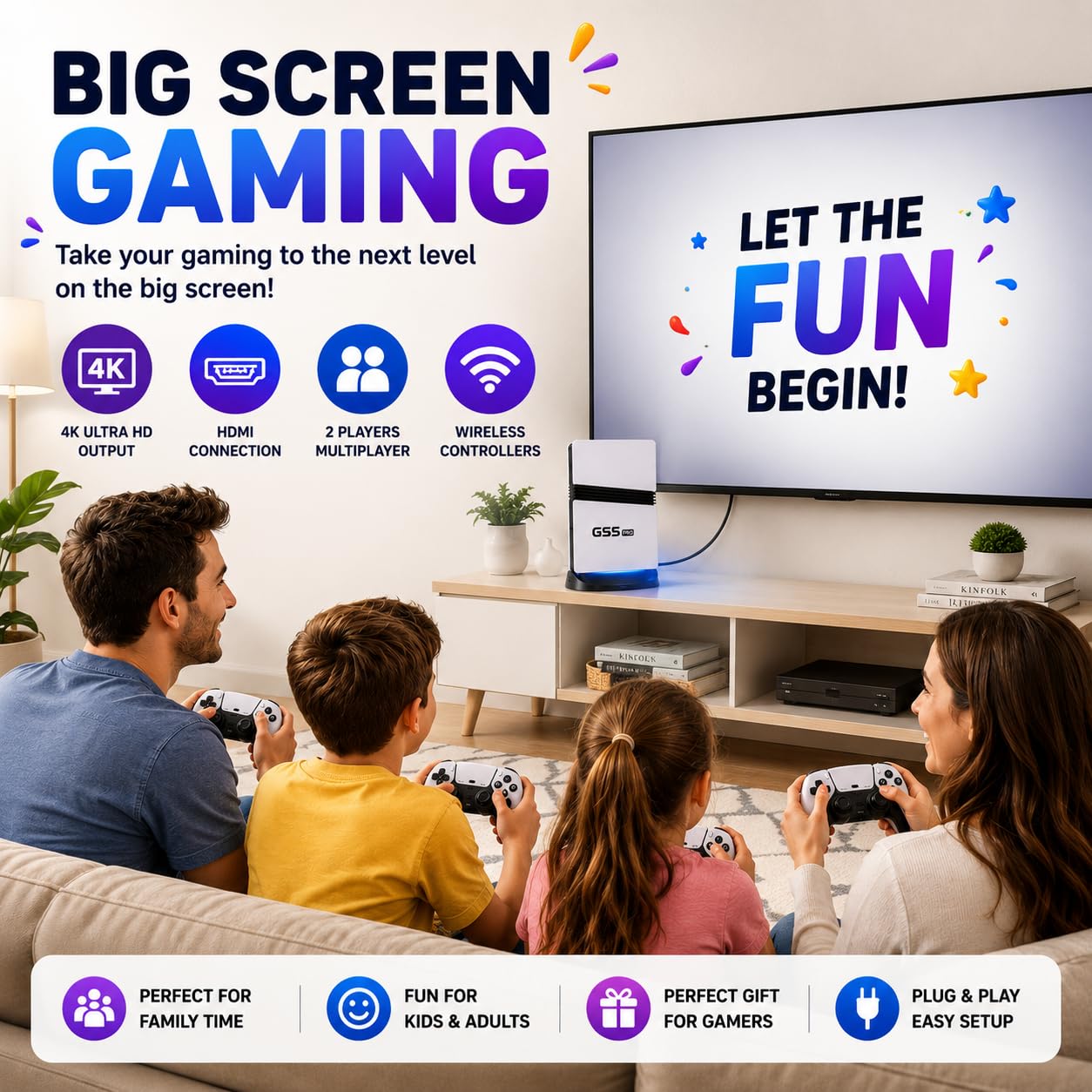Playmigo GS5 Pro 4K Retro Gaming Console Stick, 22,000+ Built-in Classic Games, 23 Emulators, Plug and Play, with Dual Wireless Controllers, for Kids and Adults 2