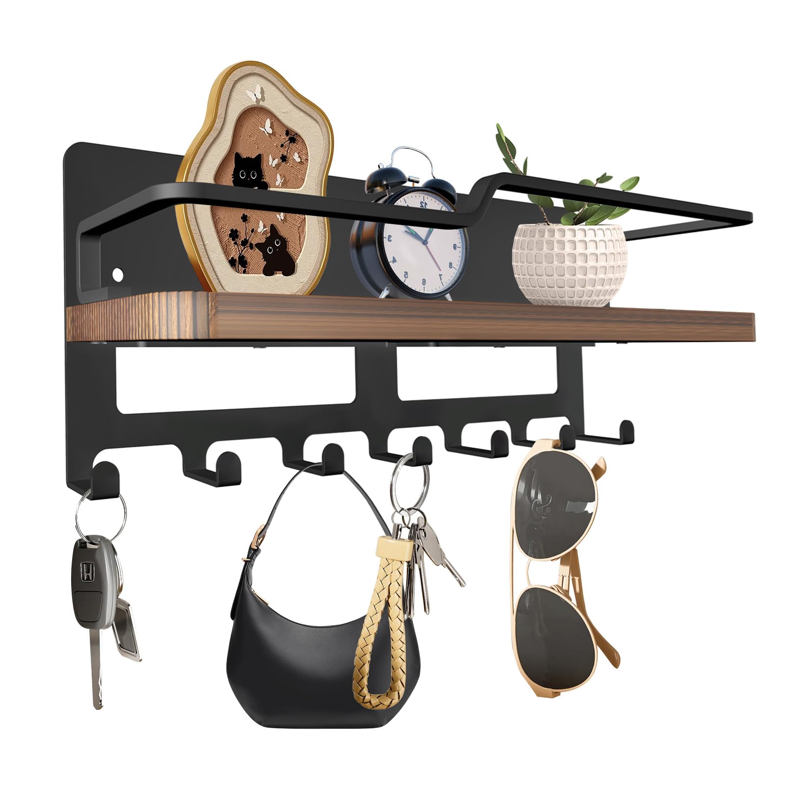 Toetsenbord Met Plank, Moderne Sleutelhouder Voor Aan De Muur, 6 Haken Zelfklevende Sleutelorganizer Sleutelhaak Toetsenbord Opbergruimte Voor Woonkamer Slaapkamer Keuken Badkamer Zwart