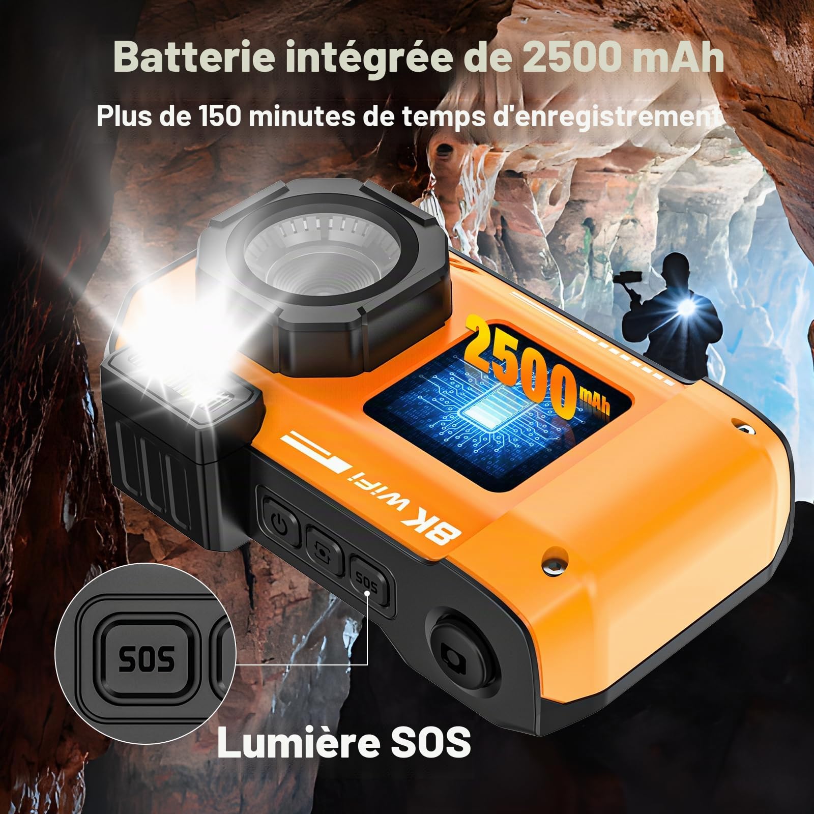 Appareil photo numérique 8K UHD 70 MP WiFi avec carte de 64 Go robuste, étanche, résistant à la poussière, aux chocs, caméra sous-marine de 10 m, double écran pour selfie, autofocus et prise de vue