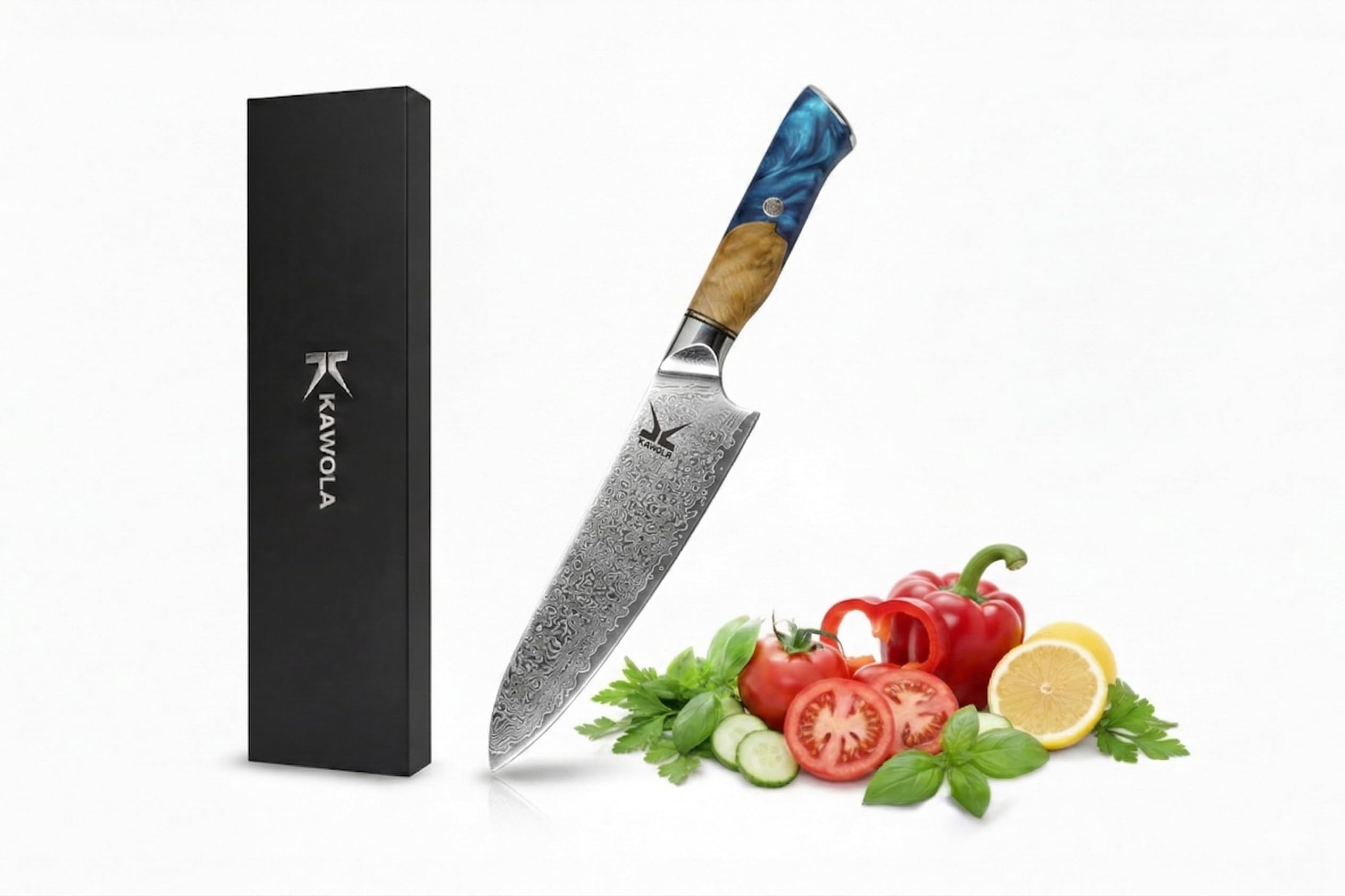 KAWOLA Damast Küchenmesser Santoku Kochmesser 21cm I Küchenmesser Damaststahl I Santoku Messer Damast I Damaststahlmesser Geschenkbox | japanisches Kochmesser