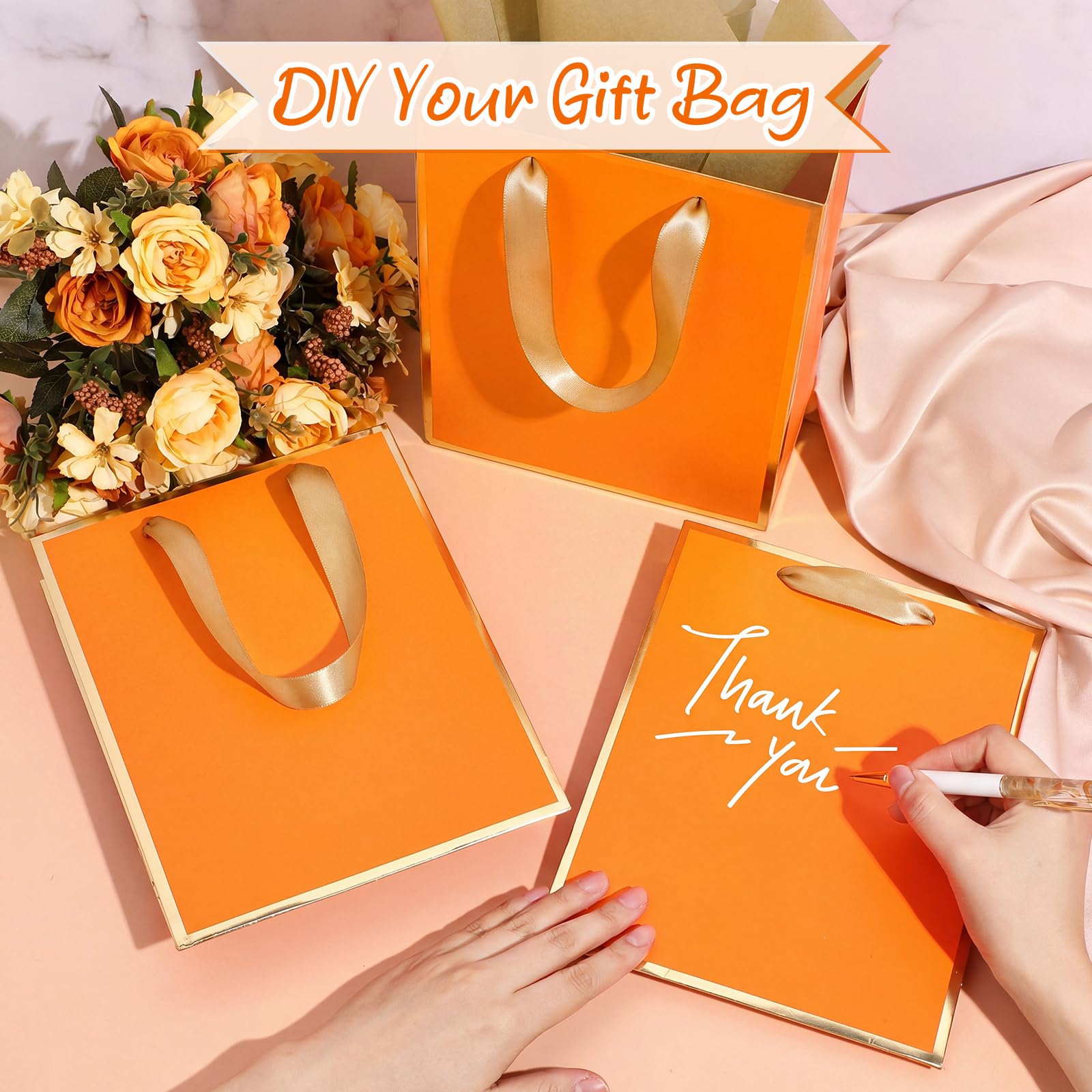 Yeaqee 24 Pack Metallic Paper Gift Bags with Handle and Tissue 9x7x3.1 Gold Foil Welcome Thank You Favor Bags Return Gifts for Wedding Graduation Bridesmaid Groomsmen Birthday(Orange, Gold)