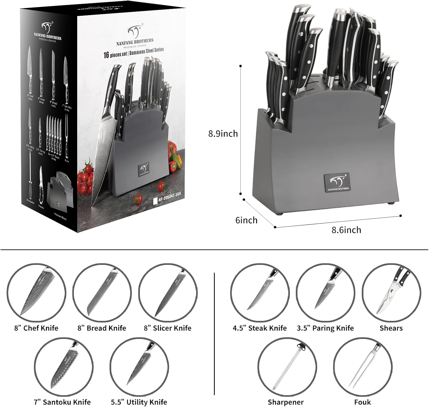 16-Piece Damascus Knife Set with Block, VG10 67-Layer Damascus Steel Kitchen Knife Set with Triple-Rivet Handles, 6 Steak Knives, Meat Fork, Sharpener & Scissors, Gray