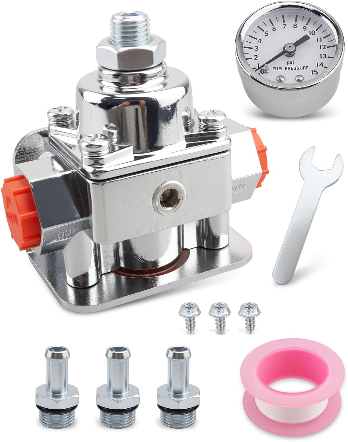 Fuel Pressure Regulator Kit 12-804 Carburetor Fuel Valve Gauge Fit for Holley Edelbrock Carburetors, 1-4 PSI Aluminum Alloy 3/8In NPT Port (1-In, 2-Out)