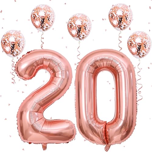 Globos de oro rosa de 40 pulgadas con el número 20, globos de helio gigantes de aluminio con el número 2 y 0 con globos de confeti para mujeres y