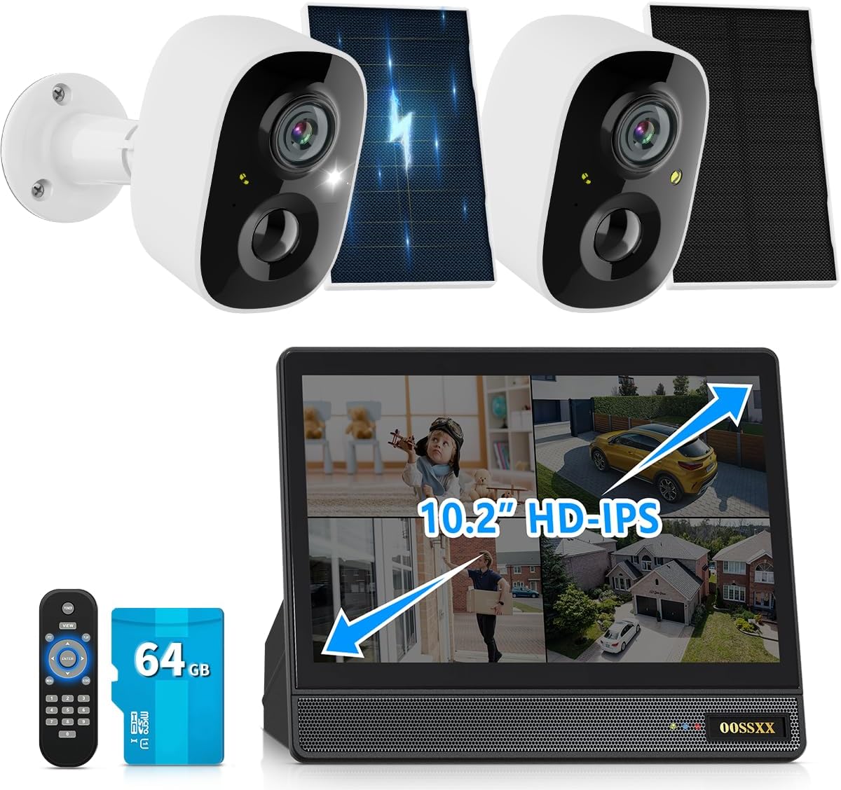 OOSSXX (100% Wire-Free) Solar Battery Home Outdoor Wireless Security Camera System Solar Powered Wi-Fi Cameras Video Surveillance with Monitor