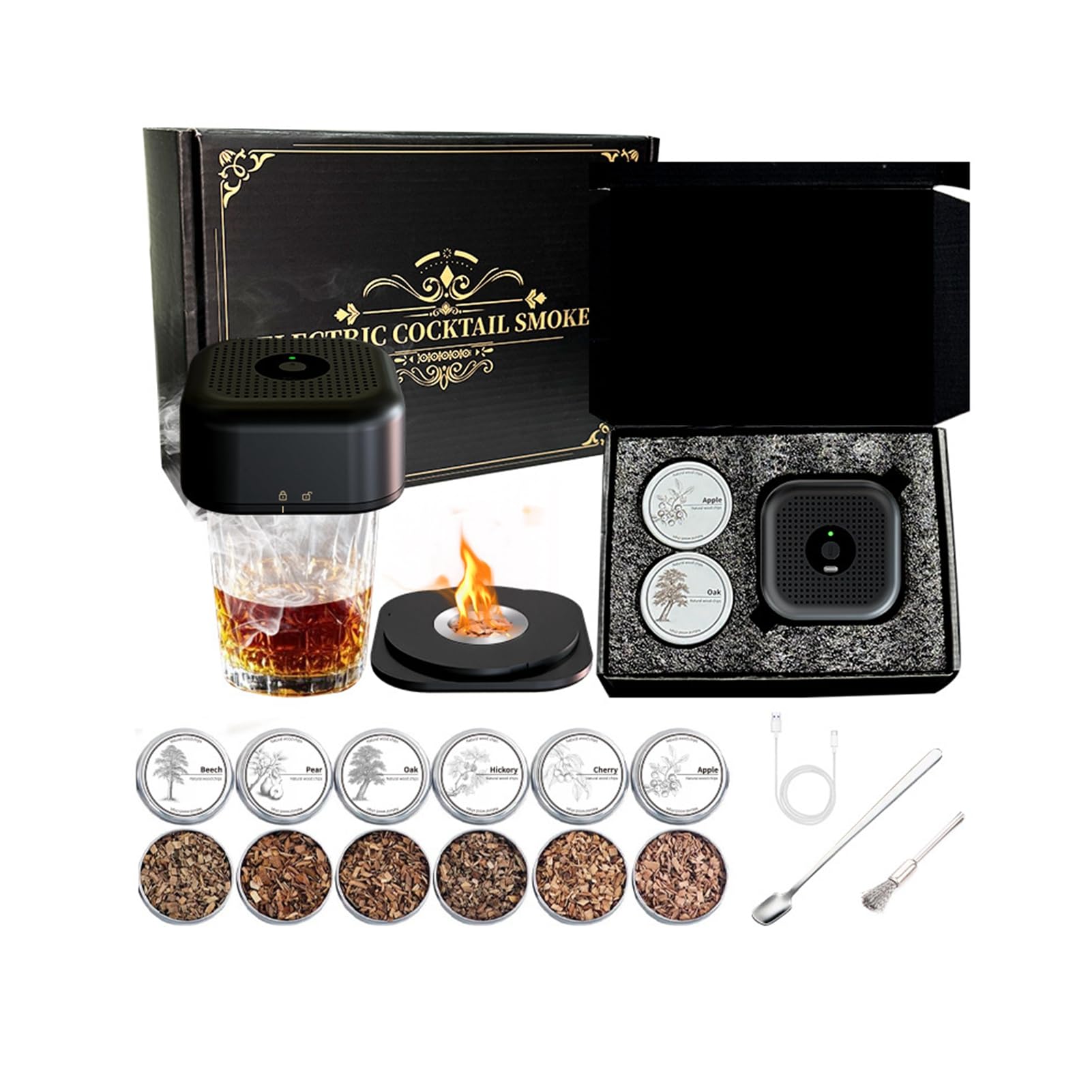 Jettory Set Fumoir à Cocktail – Kit Cadeau Avec 6 Copeaux De Bois, 2 Moules à Glaçons En Silicone Et 6 Pierres à Whisky – Pour Hommes Et Amateurs De Whisky (sans