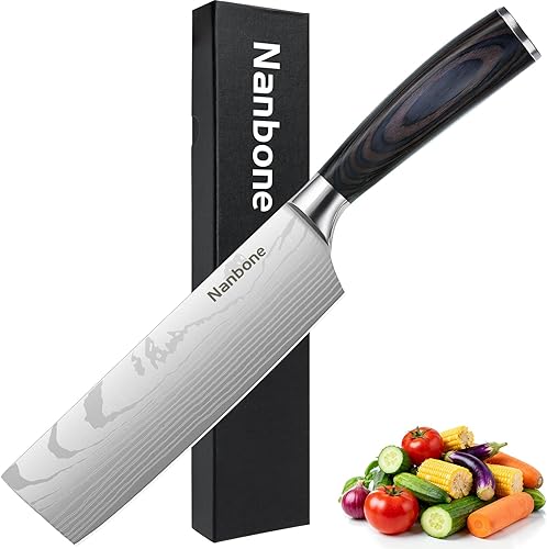 Nakiri - Cuchillo de cocina de 7 pulgadas afilado para carne y verduras, cuchillo de chef asiático de Damasco para el hogar y la cocina con mango