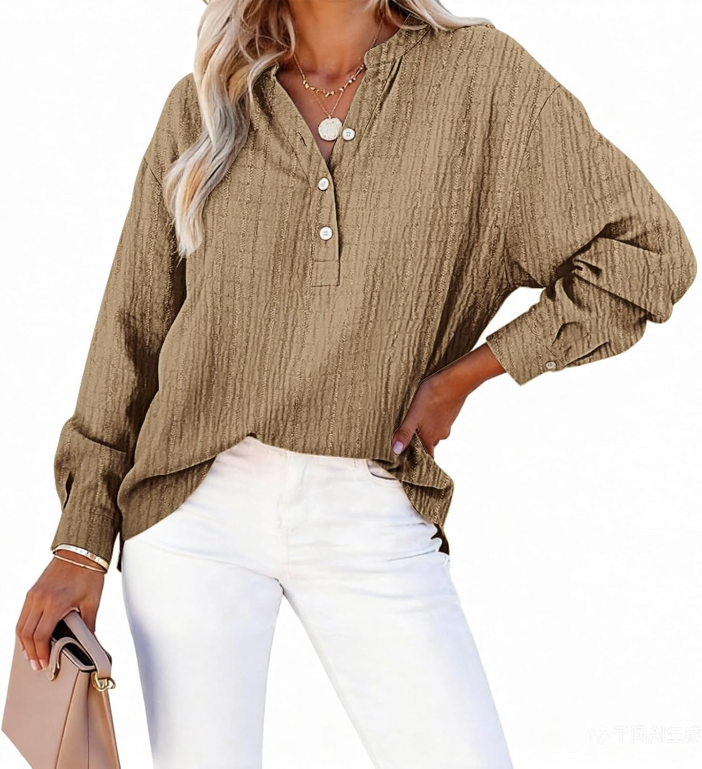 Gauze Shirts for Women Casual Cotton Linen Tops Button Down V Neck Long Sleeve Lightweight Blouses Summer Beach Outfits