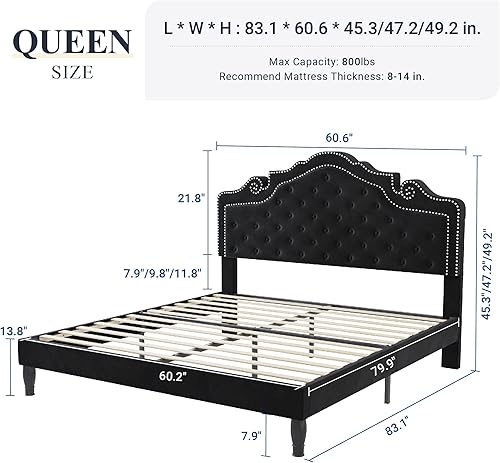Miniatura 2 de Allewie Marco de cama de terciopelo Queen con cabecera ajustable, listones de madera, no necesita somier, fácil montaje, color negro