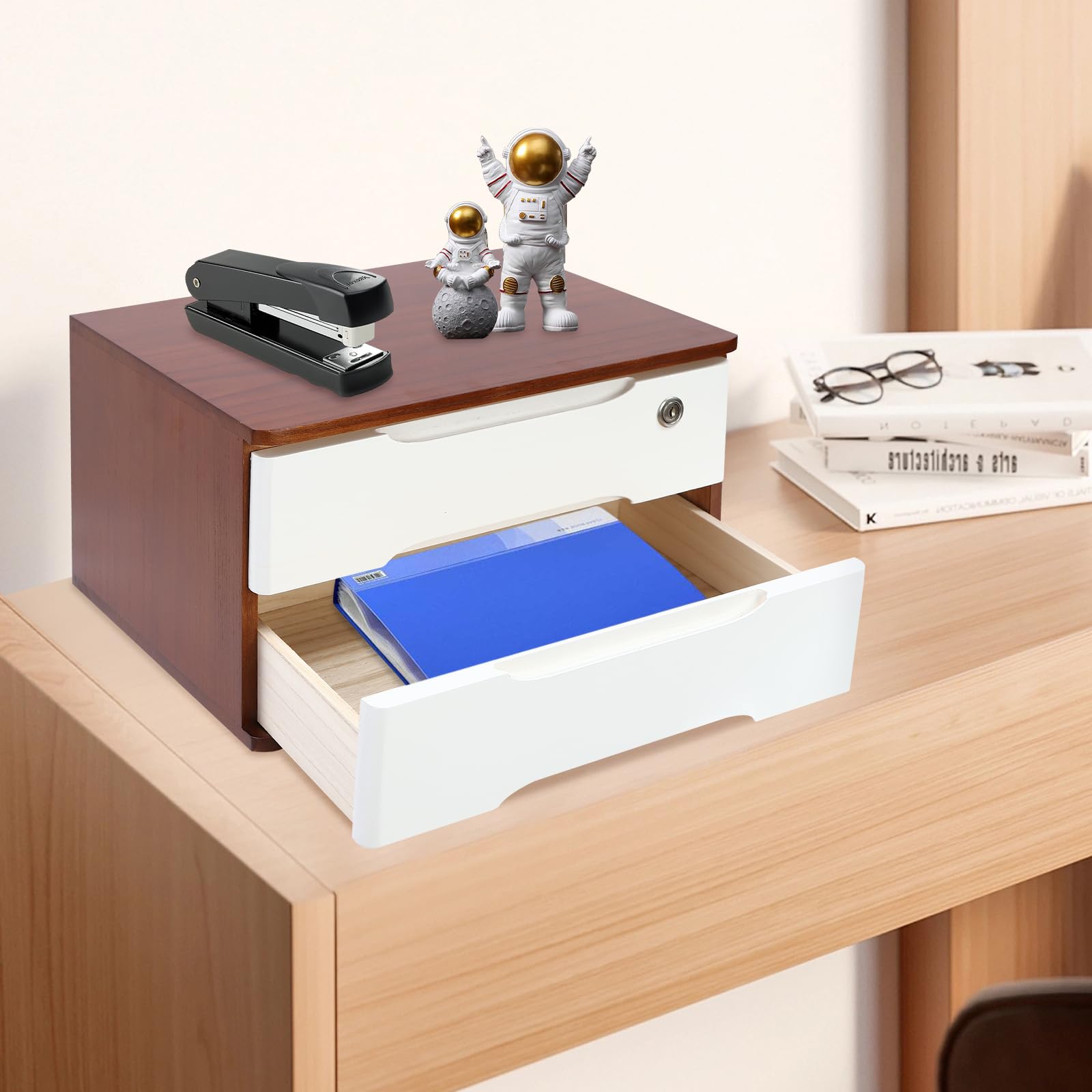 Organizador de Literatura de Madera con cajones y Cerradura, Armario de Almacenamiento de Escritorio, Organizador de cajones, Caja de Almacenamiento de Madera para Suministros del