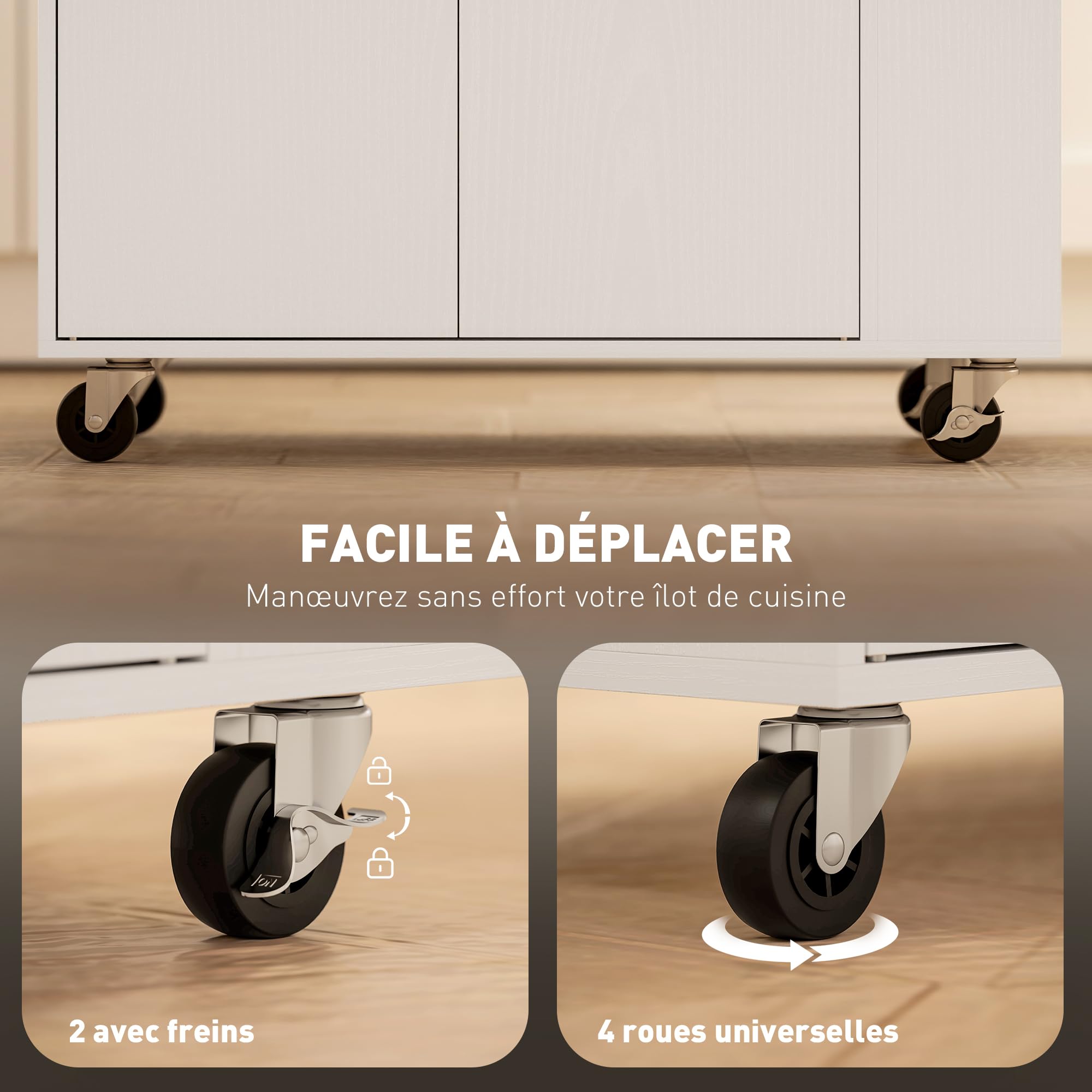 HOMCOM Îlot Central Cuisine Mobile, desserte Cuisine avec tiroir, étagère réglable, Placard à Deux Portes, Barre à Serviettes et étagères à épices pour Salle à Manger, Blanc
