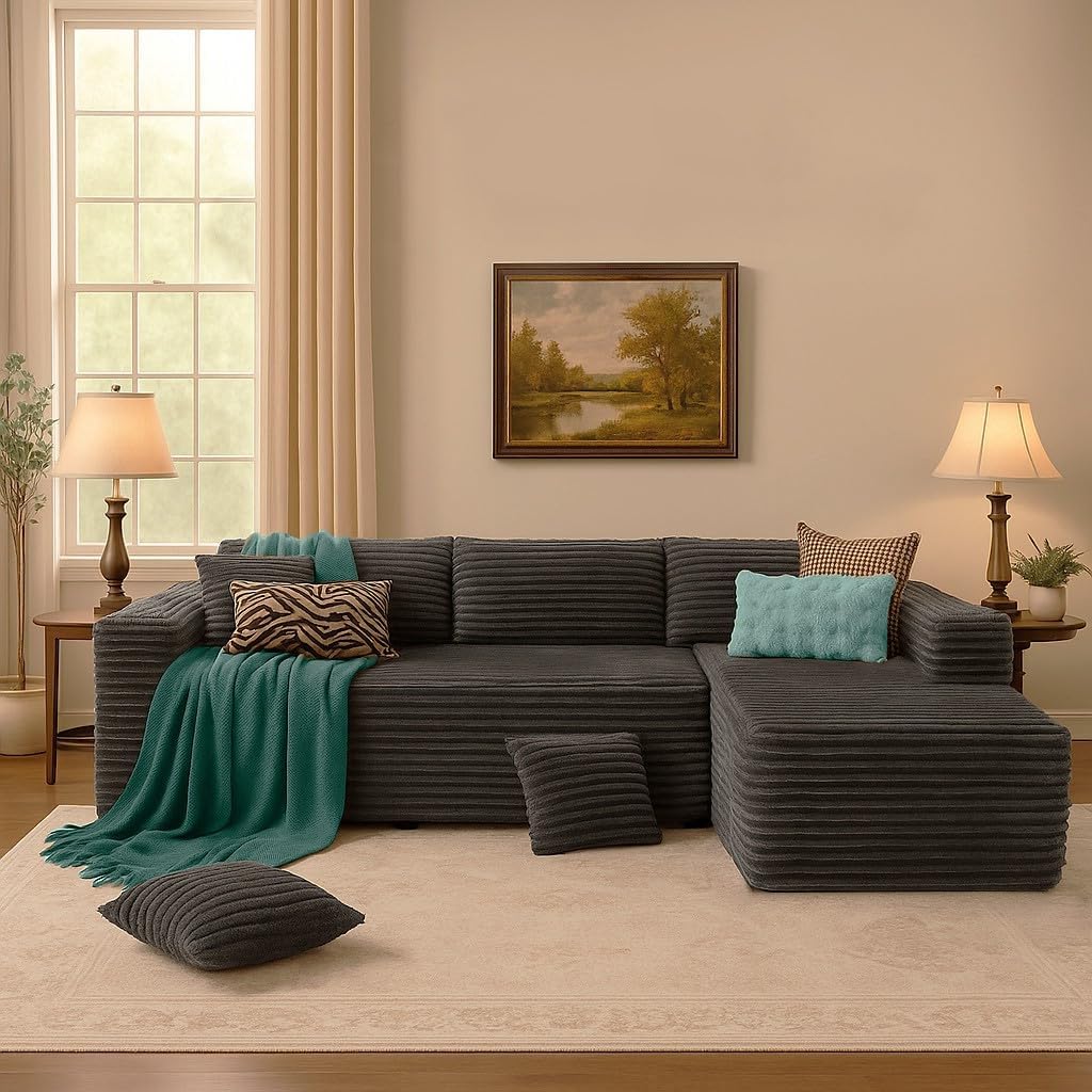 COMHOMA 105”Modular Sectional Sofa with Deep Seat,Cloud Upholstered L-Shape Couch Wide Arms Corduroy Fabric High-Density Foam Chaise Lounge for Living Room No Assembly Required