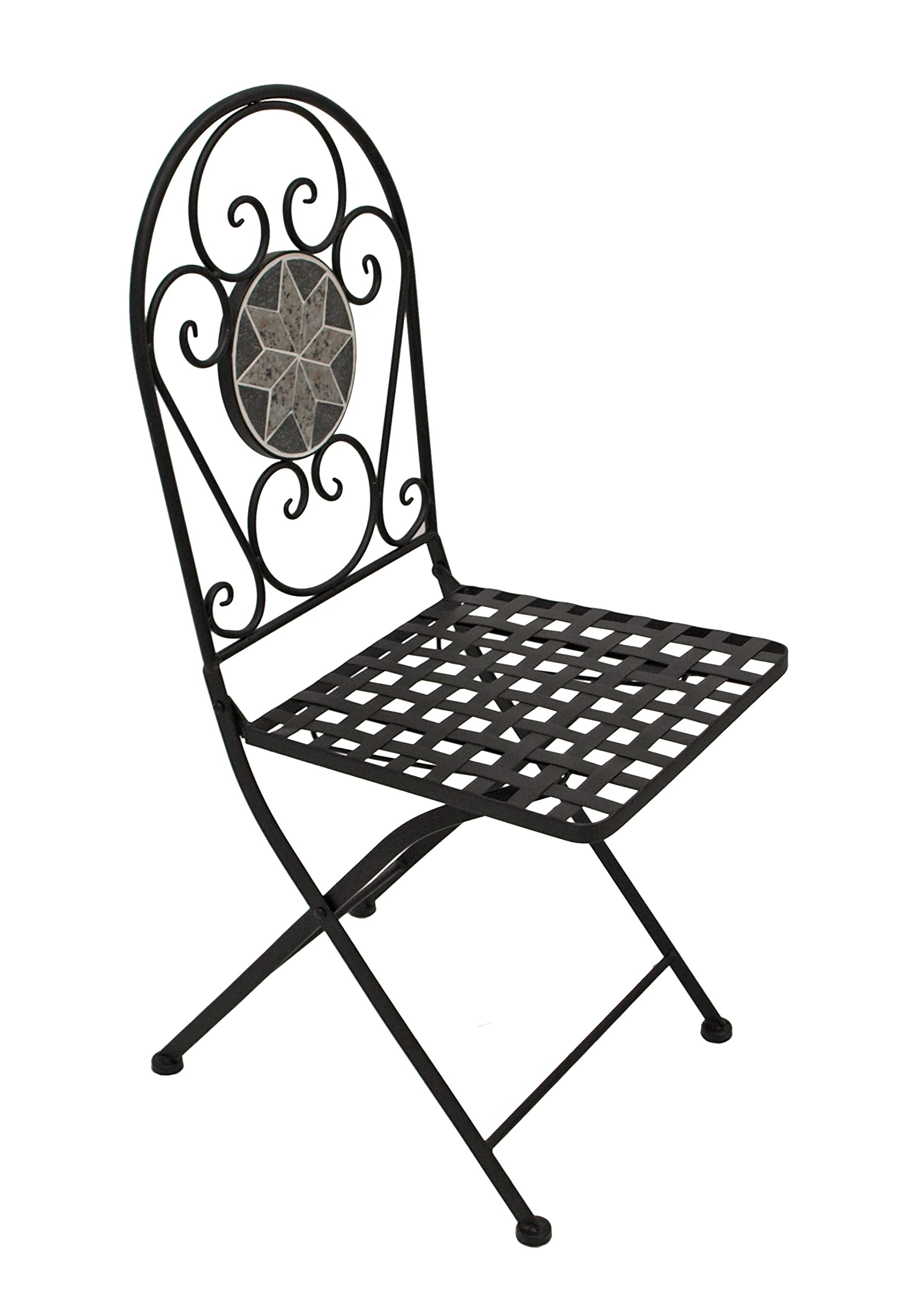 DEGAMO Balkonset Siena 3-teilig, 2X Klappstuhl und 1x Tisch 45x90cm halbrund, Eisen schwarz mit Mosaik Dekor grau/Weiss, mit Polstern grau