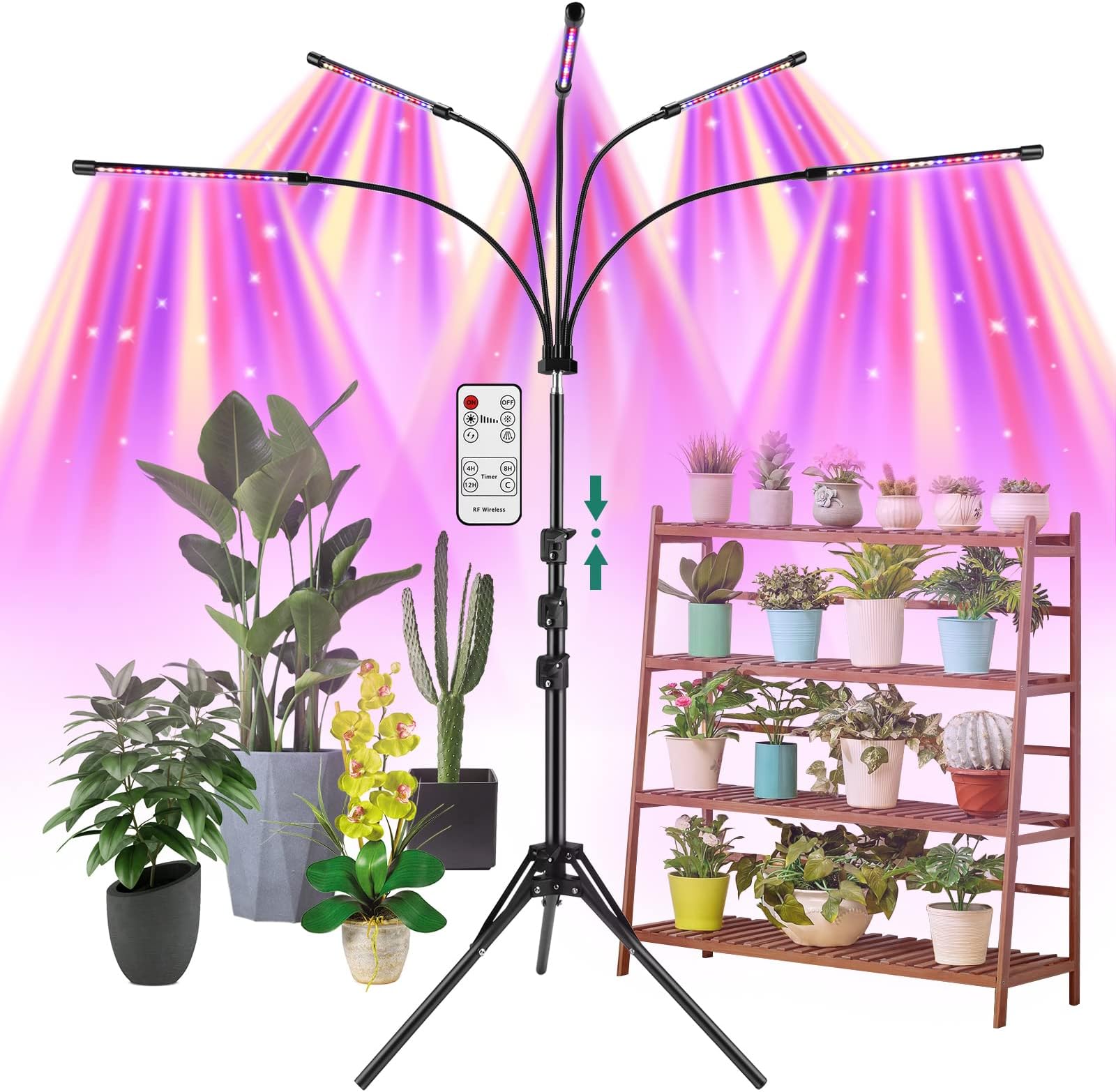 AMBOR Grow Lights for Indoor Plants with Stand, [5-Heads] Floor Plant Light, 150W Full Spectrum LED Plant Grow Lamp with 4 8 12H Timer, 10 Dimmable Brightness, Remote Control and Auto ON/Off