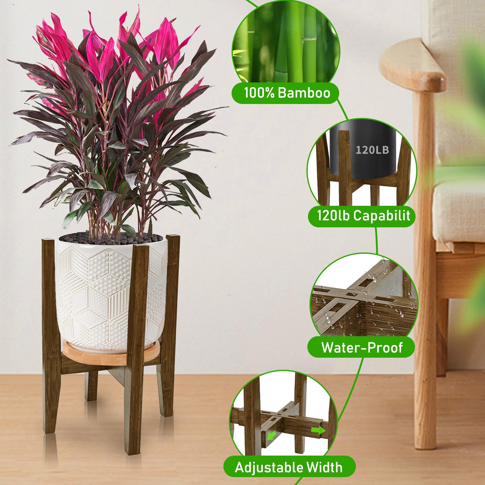 Soporte para plantas de interior, soporte ajustable de bambú para plantas, estante moderno para macetas, estante para plantas, se adapta a macetas de 8 a 12 pulgadas (maceta y planta no incluidas) 3