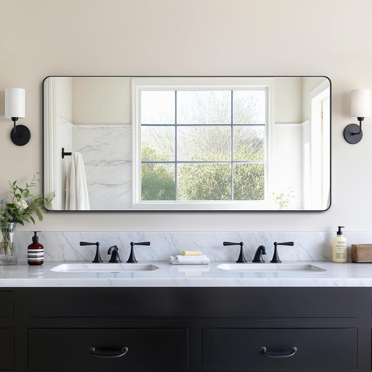60x28 Bathroom Vanity Mirror for Wall, Aluminum Framed, Farmhouse Rectangle, Anti-Rust, HD Reflection Anti-Desilvering, Distortion Free, Tempered and Shatter-Proof Wall Mounted Mirror, Black