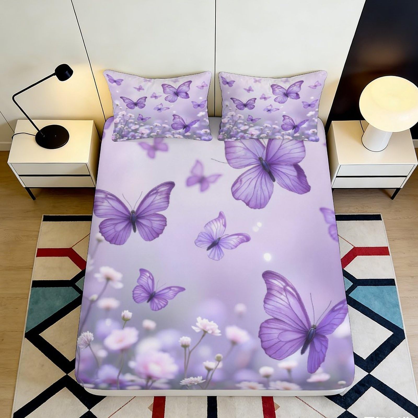Rqzkjxnhpf Style-8 3D Printed Purple Butterfly Fitted Sheet Microfiber Deep Pocket Non-Slip Full Wrap Butterfly Mattress Fitted Cover For Bedroom 200X200x25cm 90X200x25cm