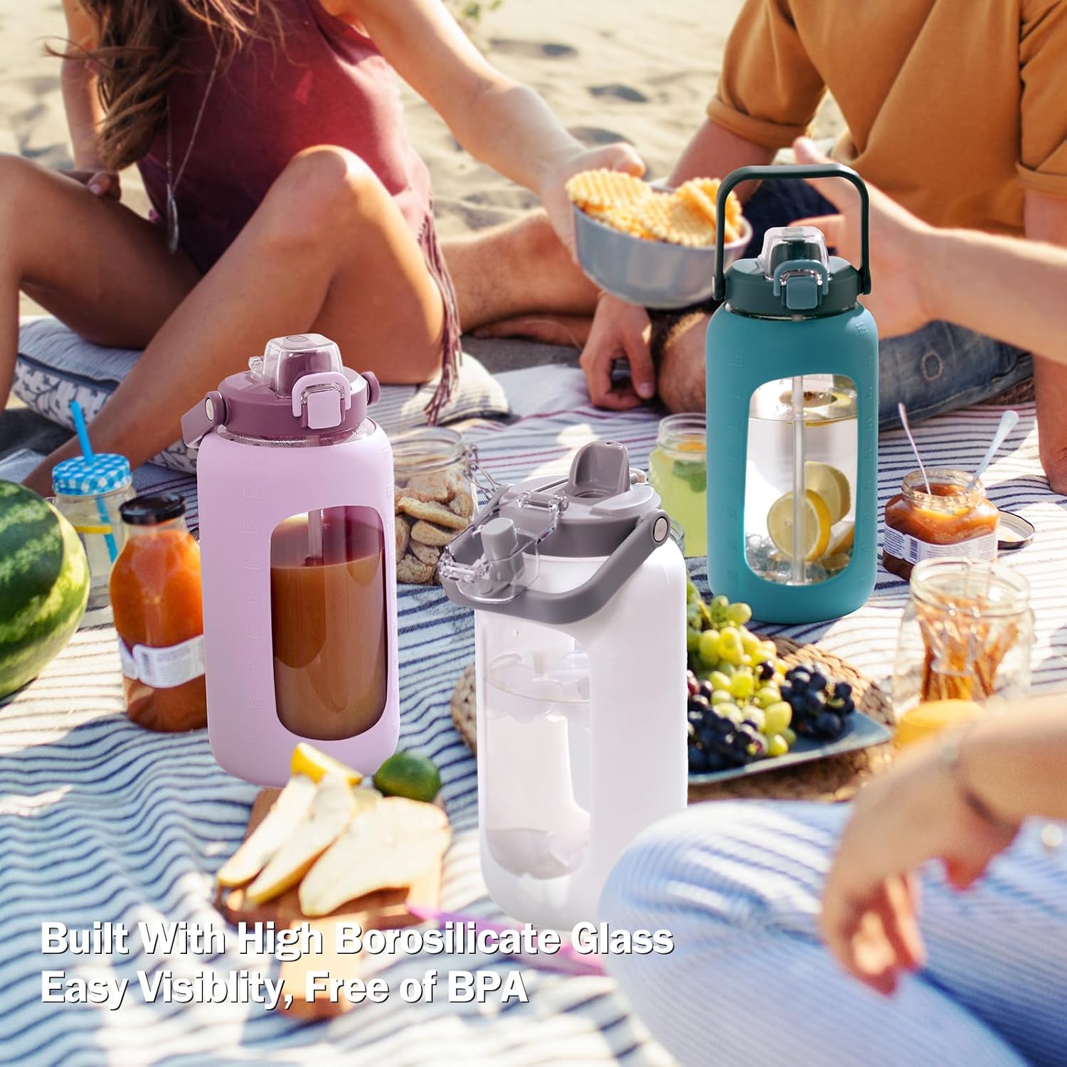 72oz Glass Water Bolttles, 3-in-1 Straw and Sip Spout Handle Lid, Half Gallon Water Bottle with Time Marker and Silicone Sleeve, BPA-Free Sports Water Bottle for Gym, School, Lilac