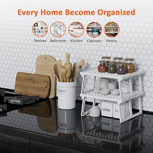 Miniatura 3 de ums Organizador de estante de plástico para armario de cocina, apilable, utilizable para tus especias, nevera, estante, congelador, despensa. 12 x