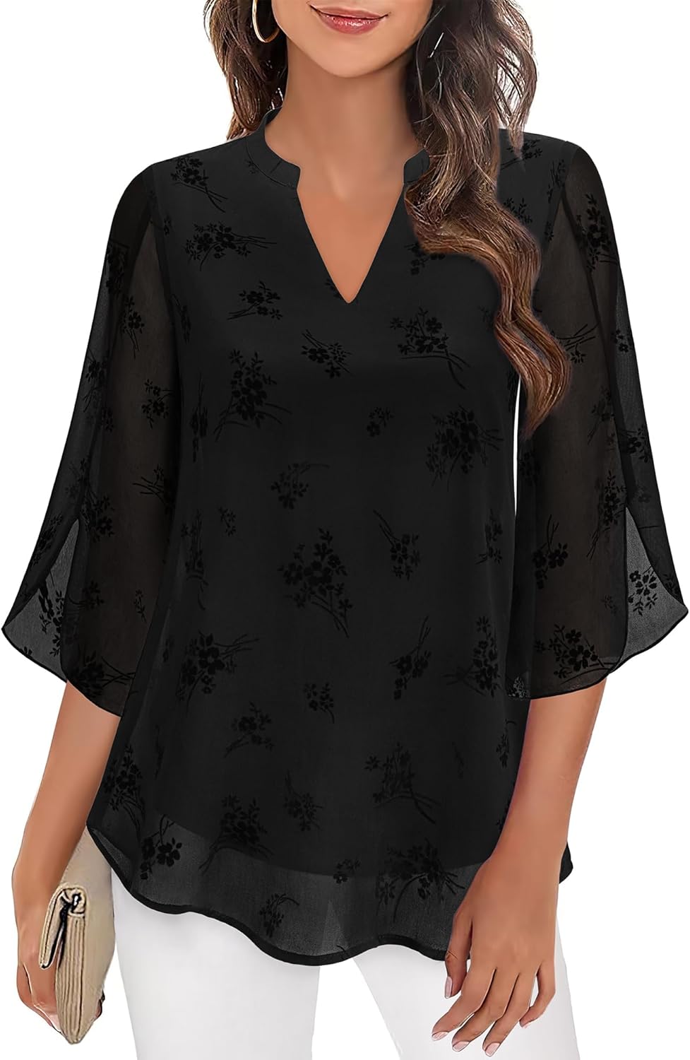 Bebonnie Womens Tops Dressy Casual Ruffle 3/4 Sleeve V Neck Double Layers Chiffon Blouses Tops