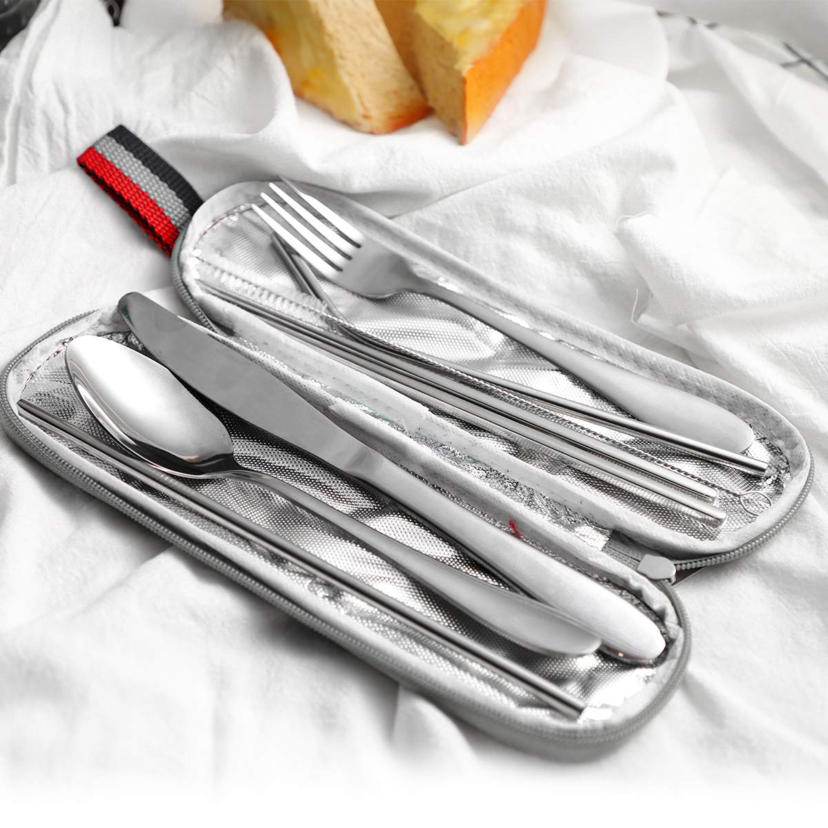 8-teiliges Besteck-Set Aus Edelstahl – Für Unterwegs, Camping & Picknick – Inkl. Bürste & Strohhalmen
