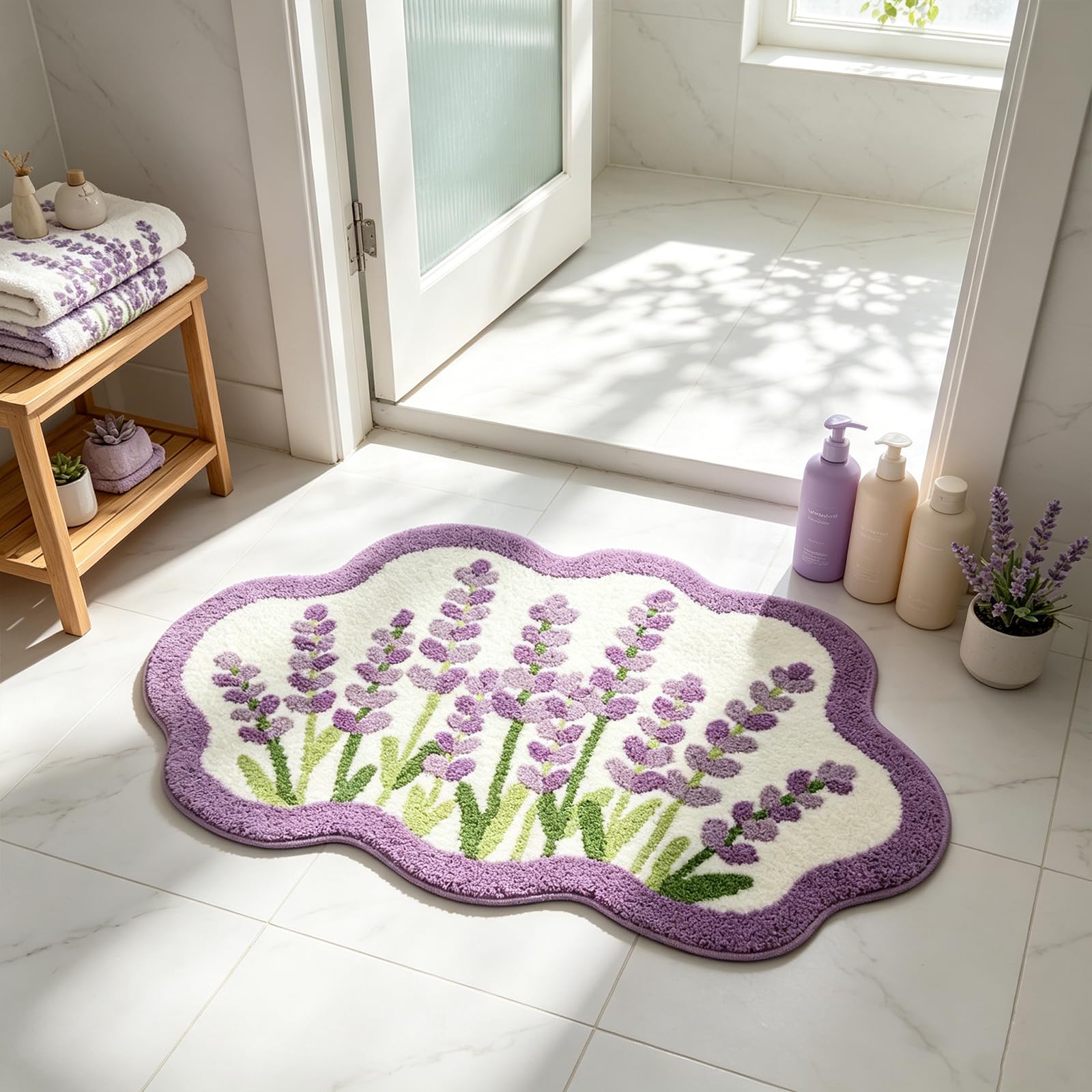 AVEKI Cute Lavender Flocked Bath Mat, Non-Slip Absorbent Soft Shower Rug with Wavy Edge, Extra Soft Plush Bathroom Rug, Decorative Floral Doormat for Bathroom Kitchen Bedroom 20x31in (Lavender) — image 1