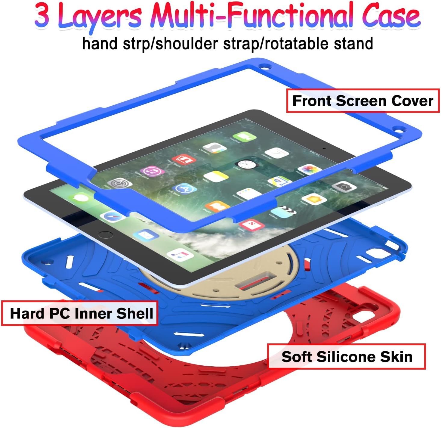 BMOUO Case for iPad 6th/5th Generation Case (9.7 inch, 2018/2017), with Screen Protector, 360 Rotating Stand & Hand & Shoulder Strap Kids Case for iPad 6th/5th Gen, Red