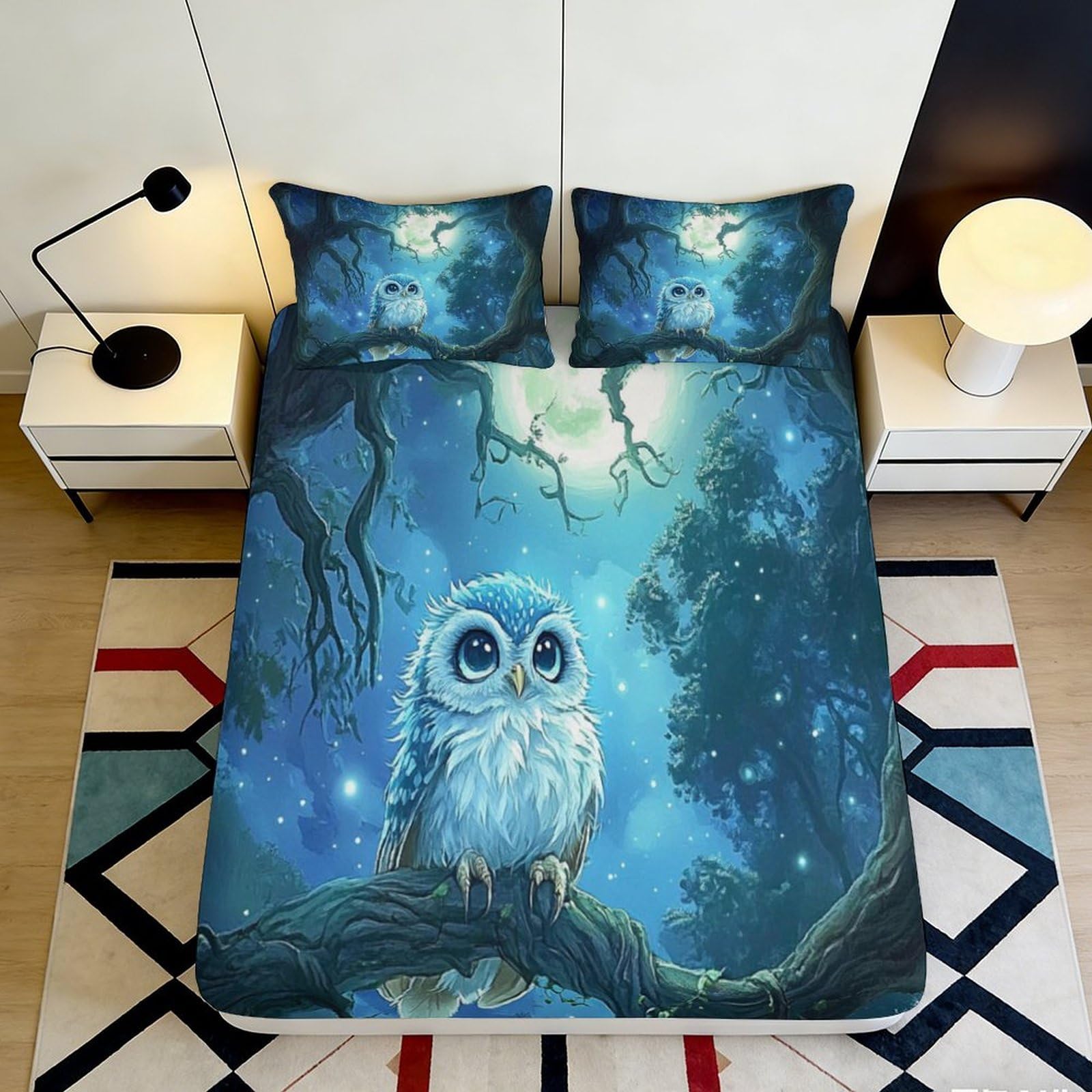 3D Printed Moonlit Owl Fitted Sheet Microfiber Soft Breathable Enchanted Forest Mattress Cover Bedroom Decor 180x200x25cm