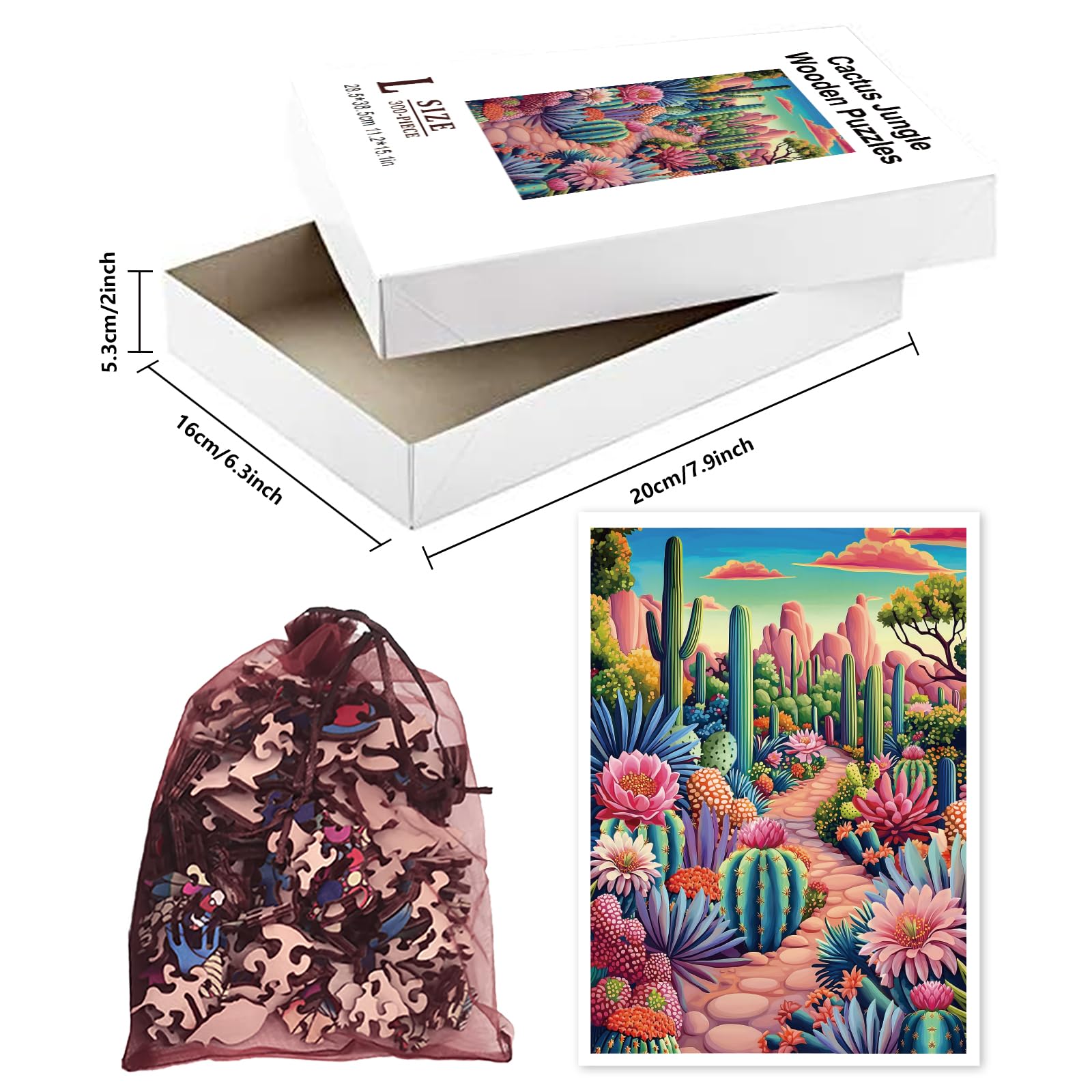 GLOBLELAND 300 Pièces Puzzle en Bois Jungle de Cactus pour Adultes et Monde des Cactus en Bois Puzzle Forme Unique Colorés pour Les Vacances Anniversaire