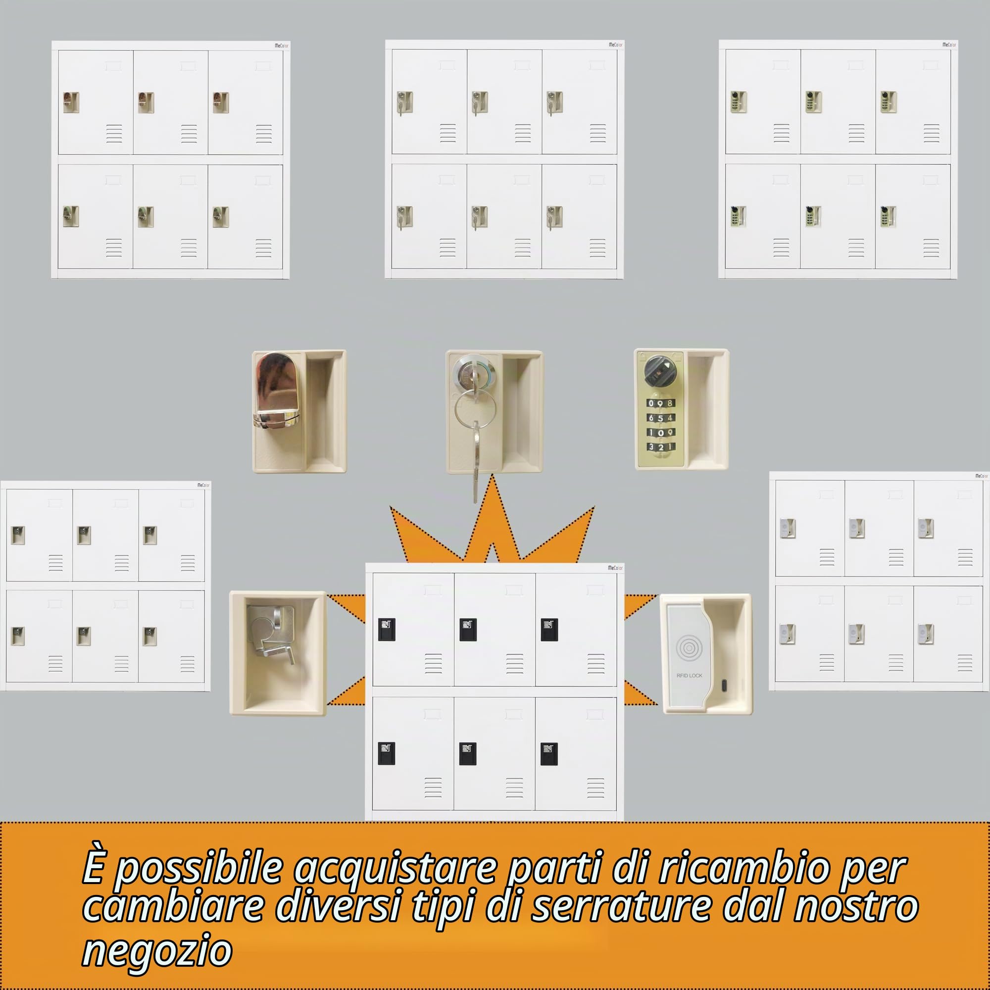 MECOLOR Armadio di stoccaggio in metallo con serratura di chiusura, armadietto per il personale, armadietto di archiviazione per ufficio domestico, piccolo Lokcer con 6 porte per soggiorno (bianco)