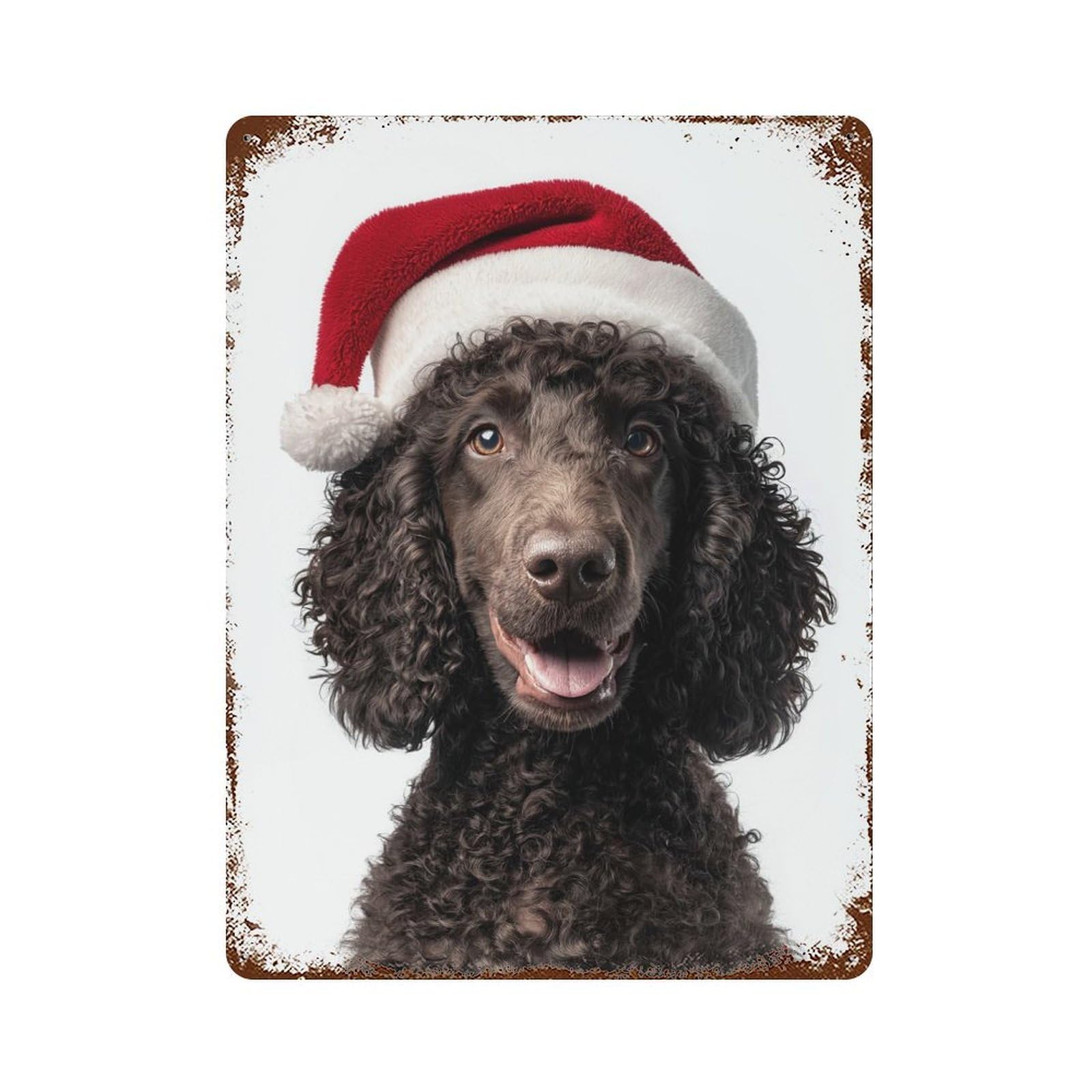 Irish Water Spaniel with Santa Hat Vintage Wall Sign 15.7"x11.8", Rust Effect Metal Decor for Basement, Hobby Room And Garage Decor