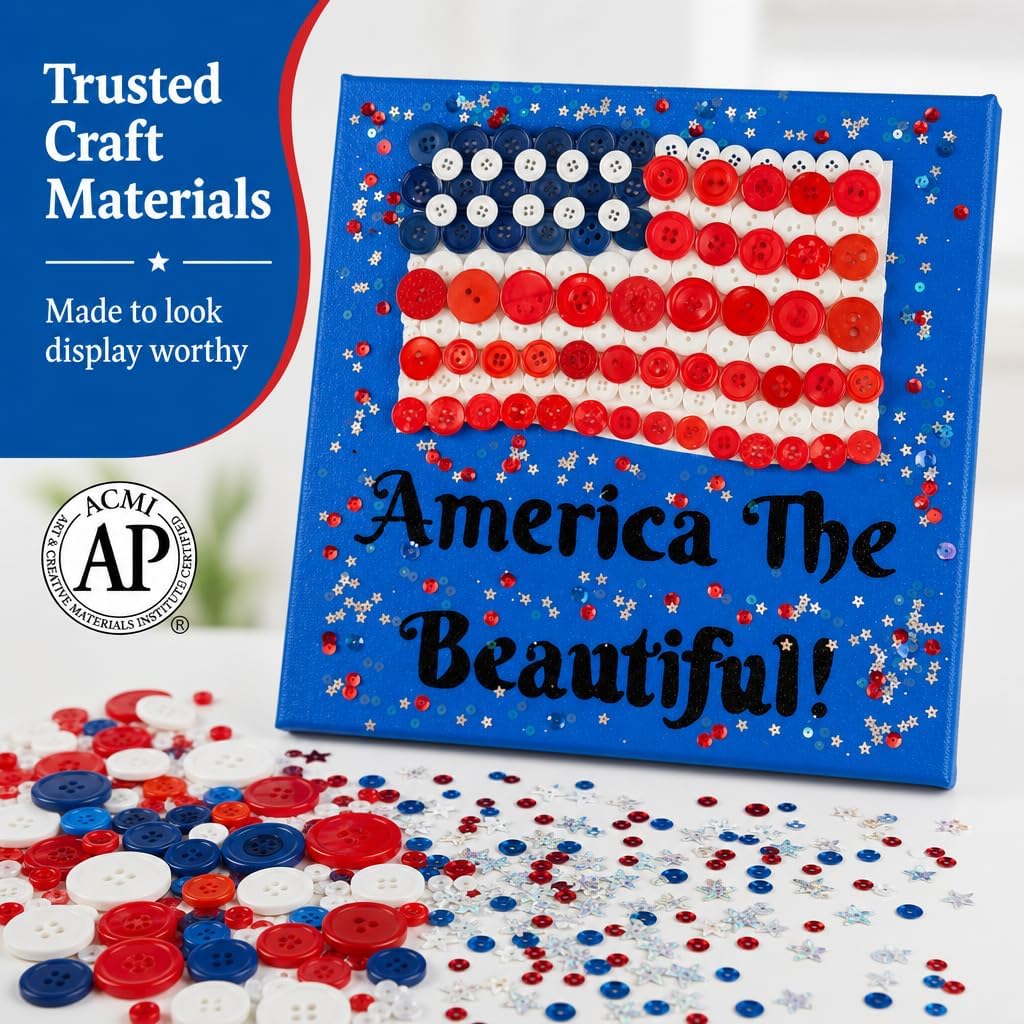 Buttons Galore and More DIY American Flag Button Art Kit – 8x10 Canvas Craft Kit for Adults & Kids