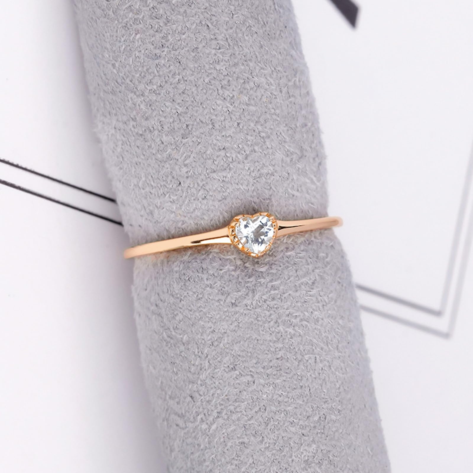 Anillo apilable fino de oro de 9 K/14 K/18 K, para mujer, corazón aguamarina, aguamarina, oro auténtico