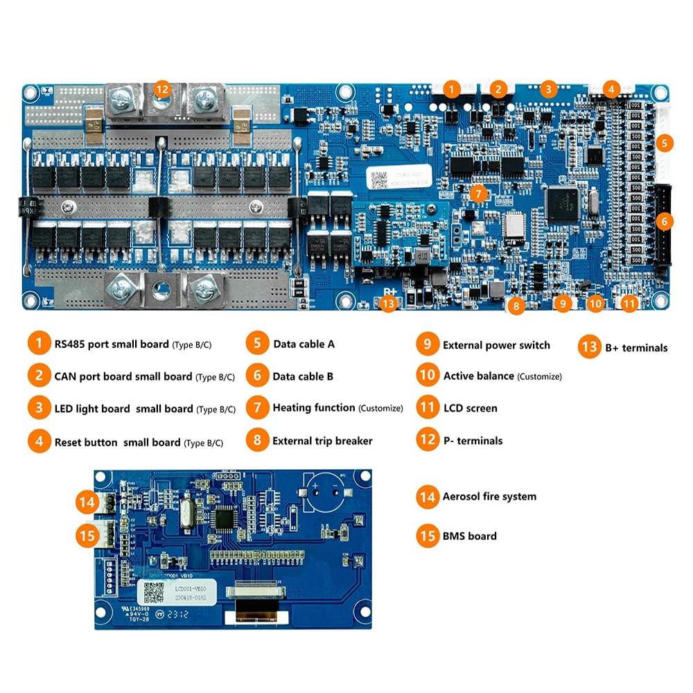 Seplos BMS3.0 50A/100A/150A/200A 24V/48V CAN e RS485 Comunicazione BMS per batterie al litio Smart BMS TypeA (3.0-A 48V 200A 16S+BT + LCD)