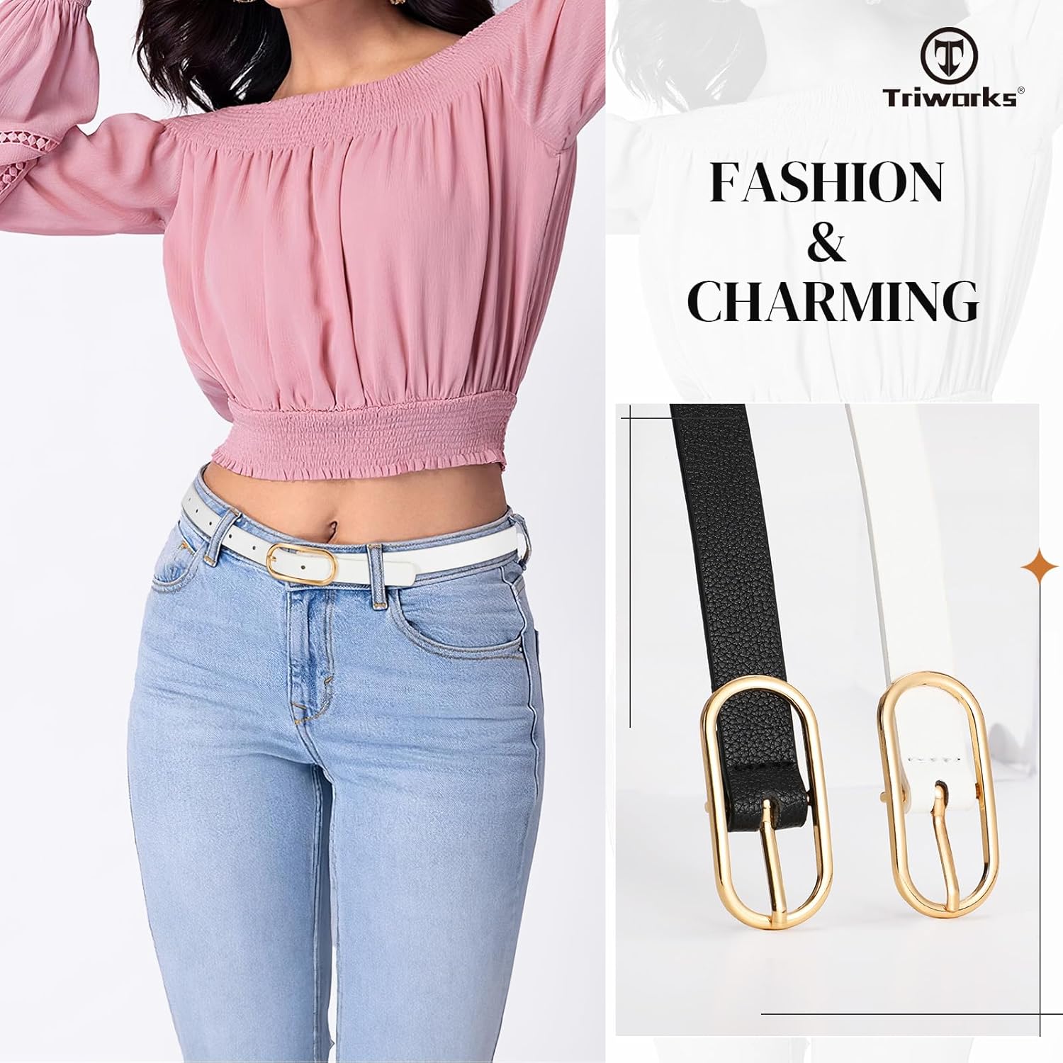 TRIWORKS Women Skinny Leather Belt for Dress Pants Jeans Ladies Thin Waist Belts with Gold Buckle - Image 6