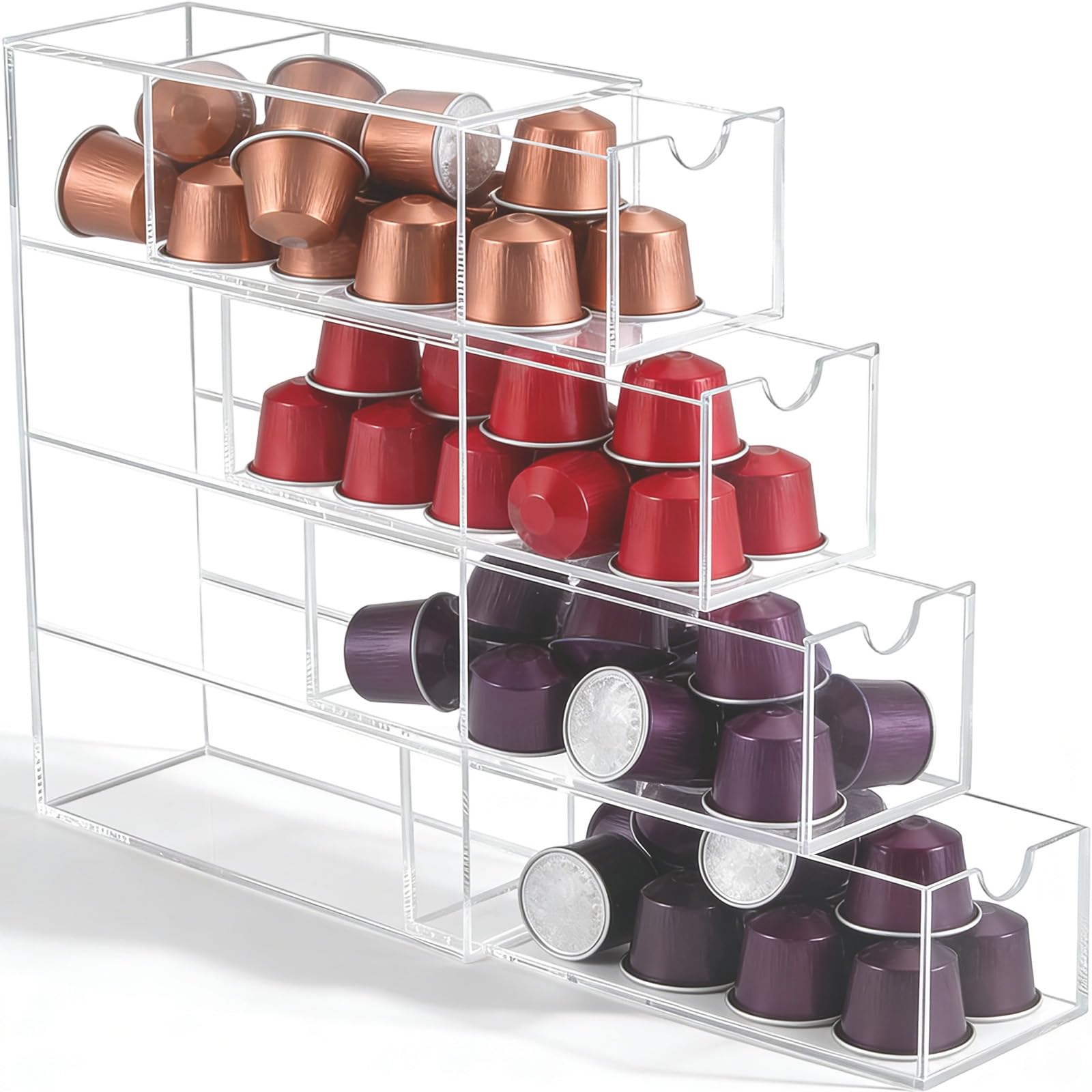 Acrylic Coffee Pod Holder with 4 Drawers, Transparent Coffee Capsule Holders Storage Box 24.6x17.5x6.5cm, Stackable Sugar Packet Capsules Holder Small Desktop Organiser Drawer for Office, Kitchen