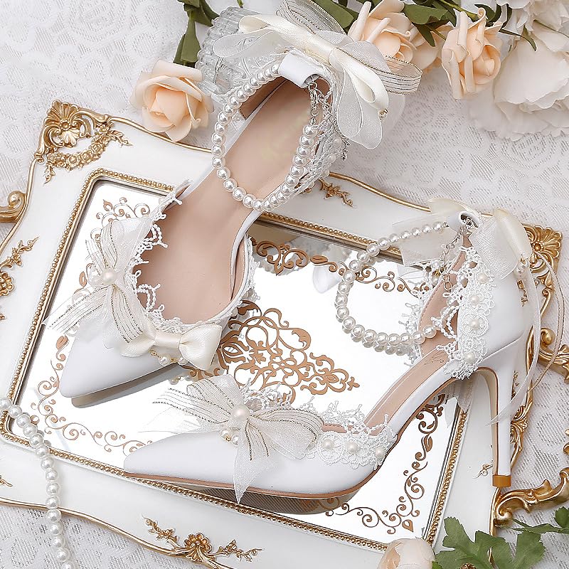 White lace trim bowknot pointed-toe hollow high-heeled women's shoes, bridal wedding dress Lolita style3