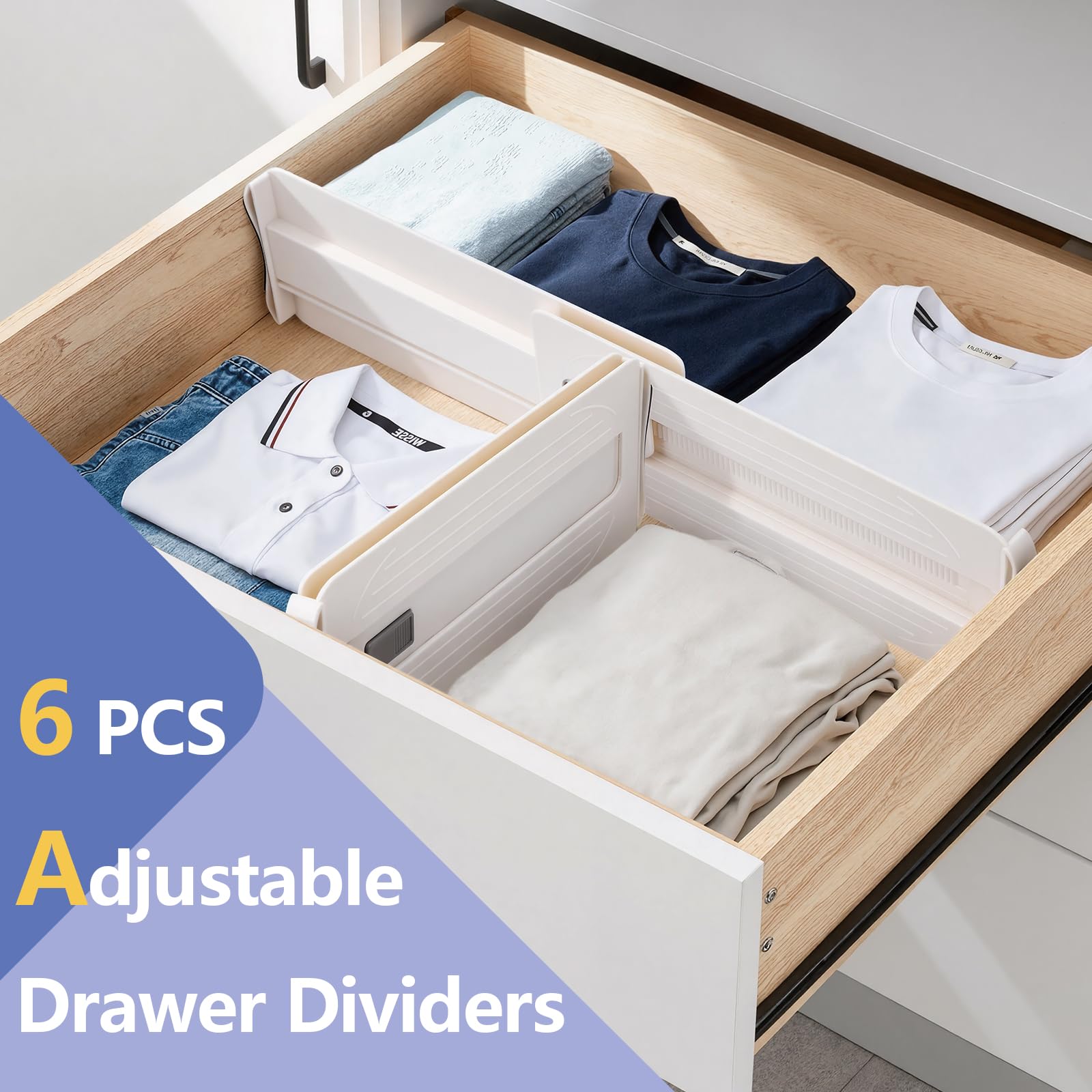 Alyvisun 6pcs Divisori per Cassetti Regolabili 29-45cm, Separatori per Cassetti Plastica dura Ispessita per Cassetti e Armadietti