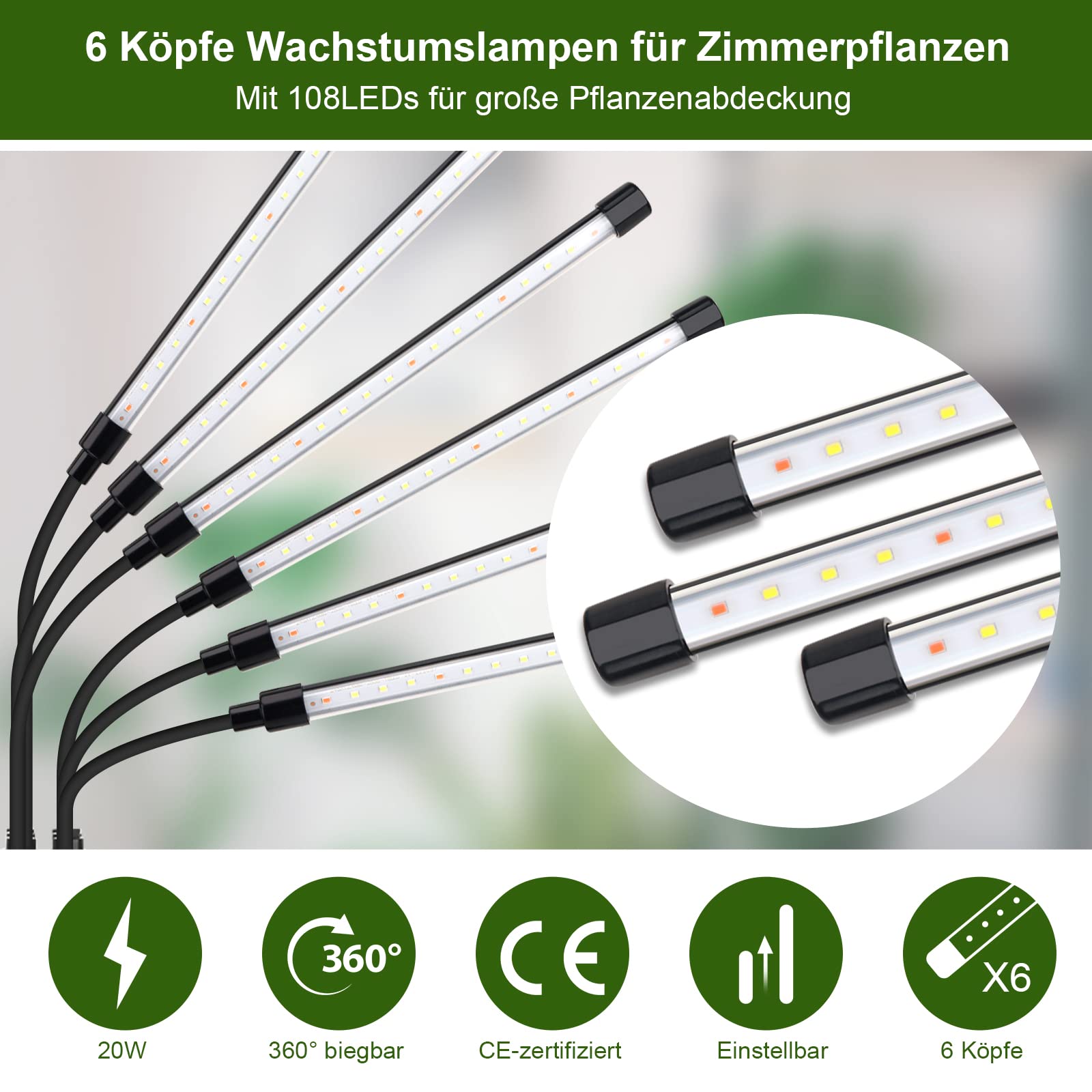 LED Pflanzenlampe Vollspektrum 20W für Zimmerpflanzen –108 LEDs Pflanzenlicht für Gemüse, Kräuter & Blumen, 6 Köpfe Wachstumslampe Ideal für Anzucht & Blüte