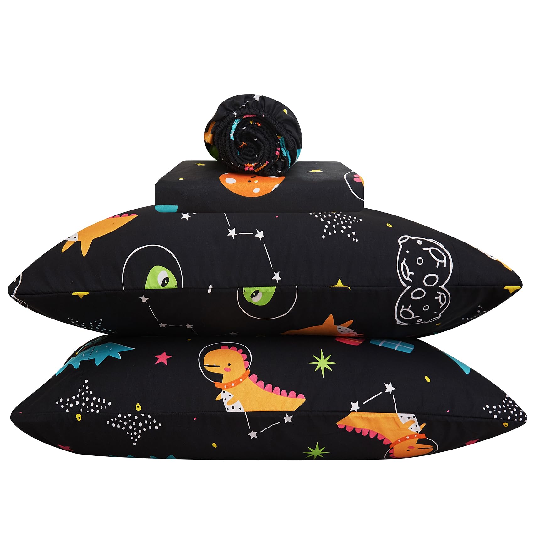 Juego de sábanas de tamaño individual de dinosaurio para niños, diseño de planetas lindos de microfibra con bolsillo profundo, juego de sábanas y fundas de almohada, 3 piezas 7