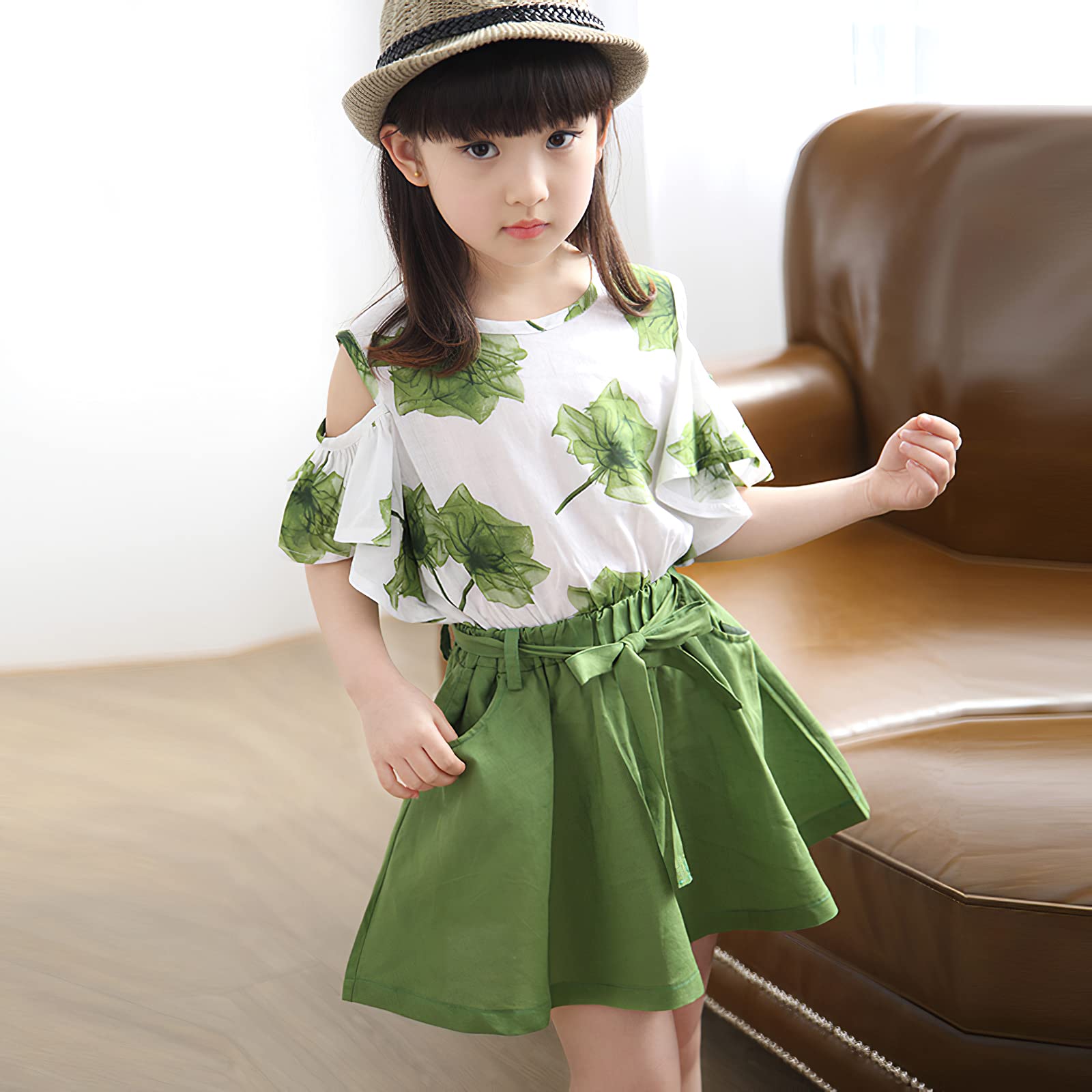 amropi Fille D'été Vêtements Set À Fleurs Tops Manches ébouriffer + Mini Jupes 2 Pièces Ensemble 3-12 Ans