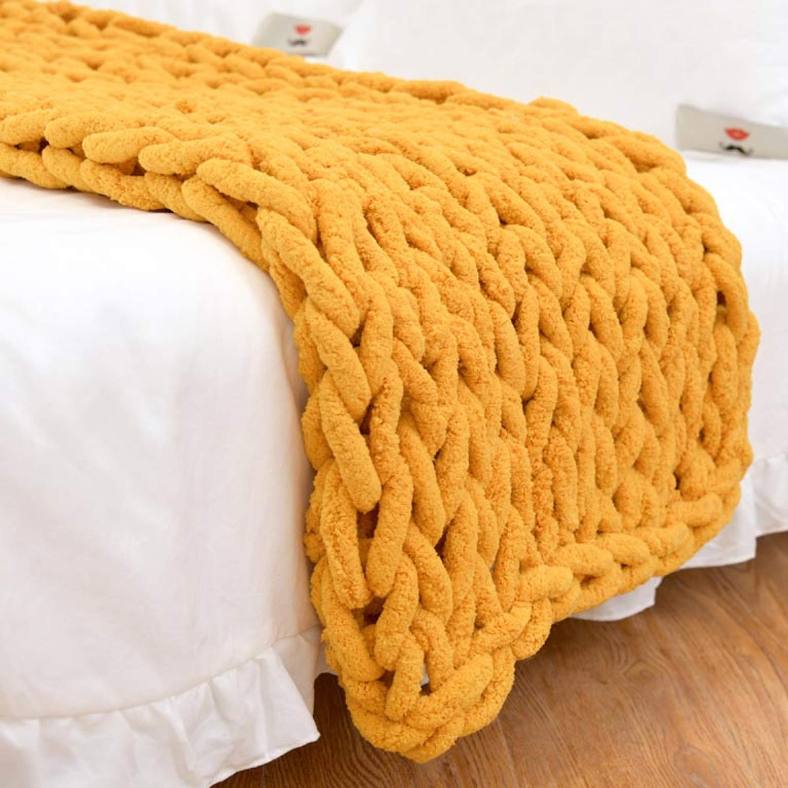 BWBG Chunky Knit Throw Blanket yellow, Knitted Weighted Blanket Adult 100% Hand Made Soft Cozy Chenille Casual Roving Warm Knitting Throw For Bedroom Decor Chair Sofa Pet Mat-50x50cm