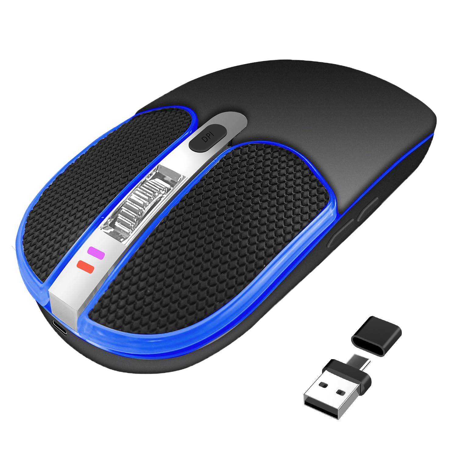 DANCESOUL2.4 Ghz Wireless Mouse Rechargeable, RGB color light, leather keys, TYPE-C and USB 2-in-1 receiver for desktop computers, laptops and tablets Plug and play (Black)